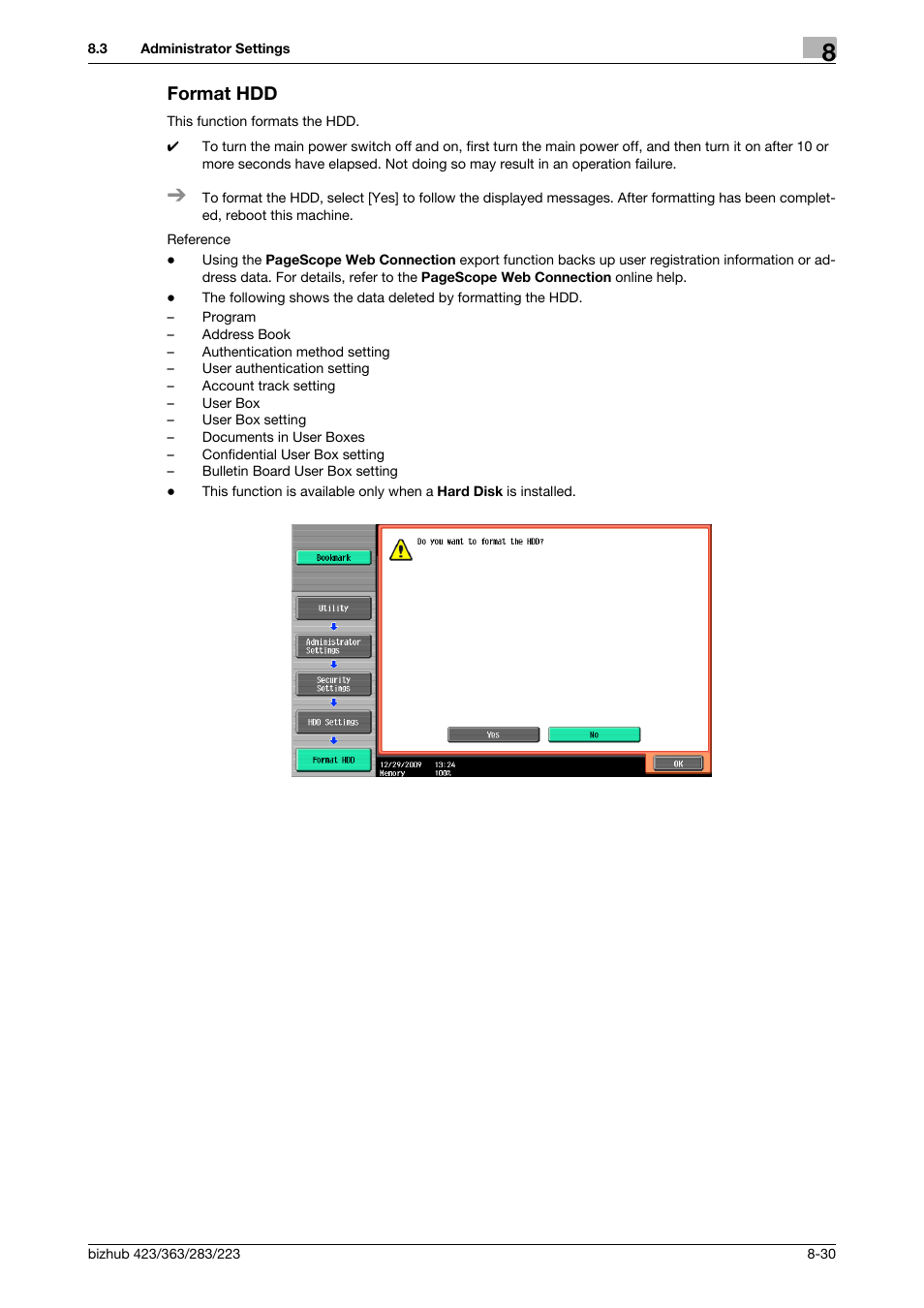 Format hdd, Format hdd -30, P. 8-30) | Konica Minolta BIZHUB 223 User Manual | Page 243 / 302