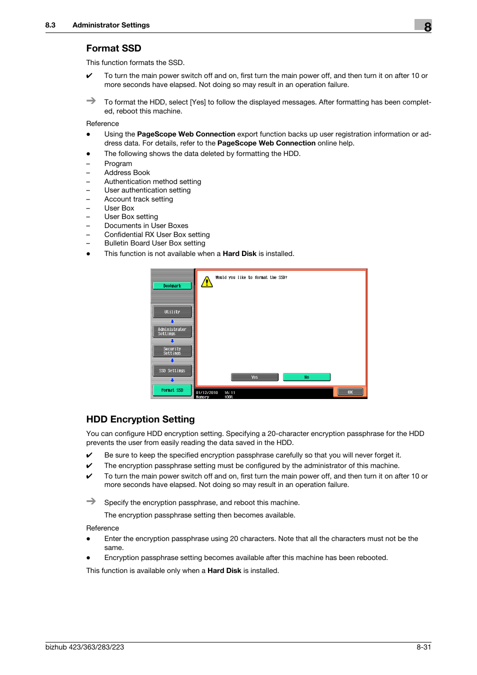 Format ssd, Hdd encryption setting, Format ssd -31 hdd encryption setting -31 | P. 8-31) | Konica Minolta BIZHUB 223 User Manual | Page 244 / 302