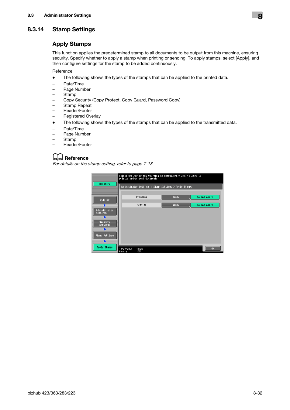 14 stamp settings, Apply stamps, Stamp settings -32 apply stamps -32 | P. 8-32), 14 stamp settings apply stamps | Konica Minolta BIZHUB 223 User Manual | Page 245 / 302