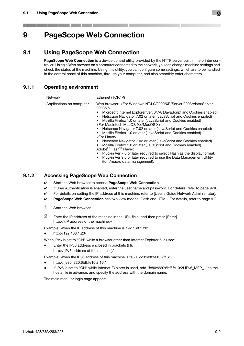 1 operating environment, Operating environment -2, 9pagescope web connection | 1 using pagescope web connection | Konica Minolta BIZHUB 223 User Manual | Page 247 / 302