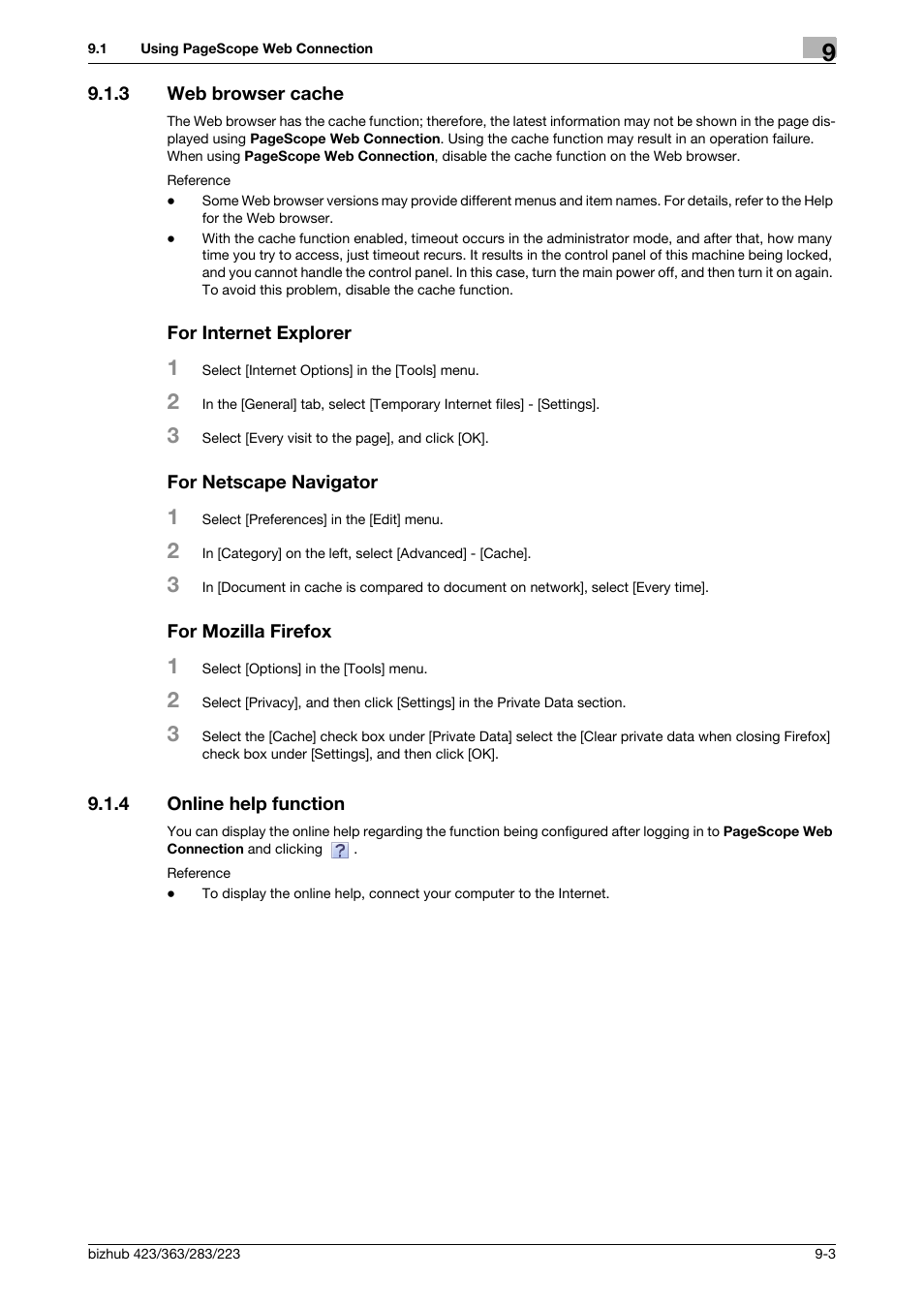 3 web browser cache, For internet explorer, For netscape navigator | For mozilla firefox, 4 online help function, Online help function -3 | Konica Minolta BIZHUB 223 User Manual | Page 248 / 302