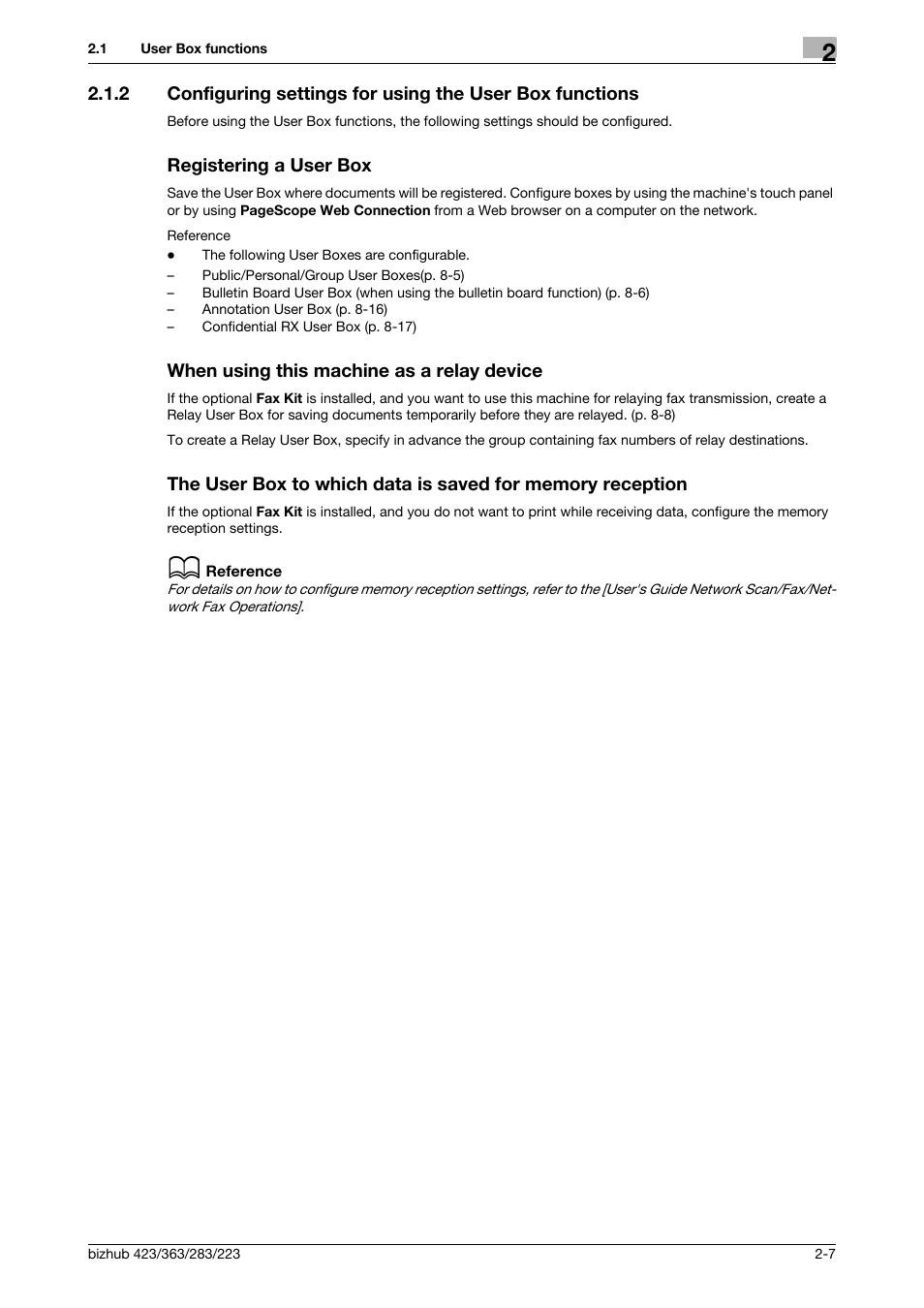 Registering a user box, When using this machine as a relay device | Konica Minolta BIZHUB 223 User Manual | Page 25 / 302
