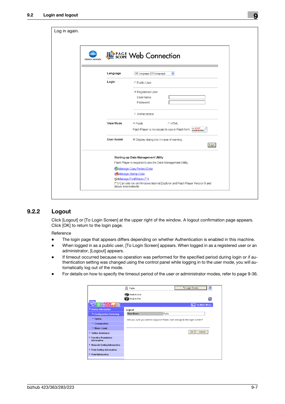 2 logout, Logout -7 | Konica Minolta BIZHUB 223 User Manual | Page 252 / 302