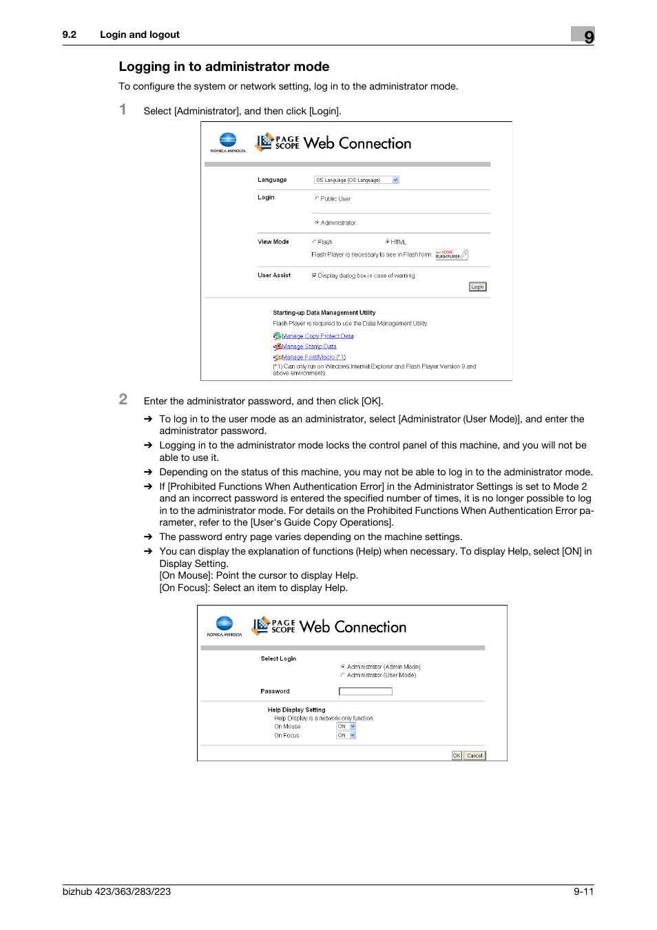 Logging in to administrator mode, Logging in to administrator mode -11 | Konica Minolta BIZHUB 223 User Manual | Page 256 / 302