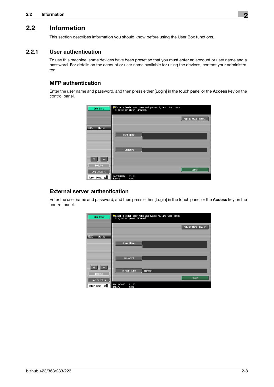 2 information, 1 user authentication, Mfp authentication | External server authentication, Information -8 | Konica Minolta BIZHUB 223 User Manual | Page 26 / 302