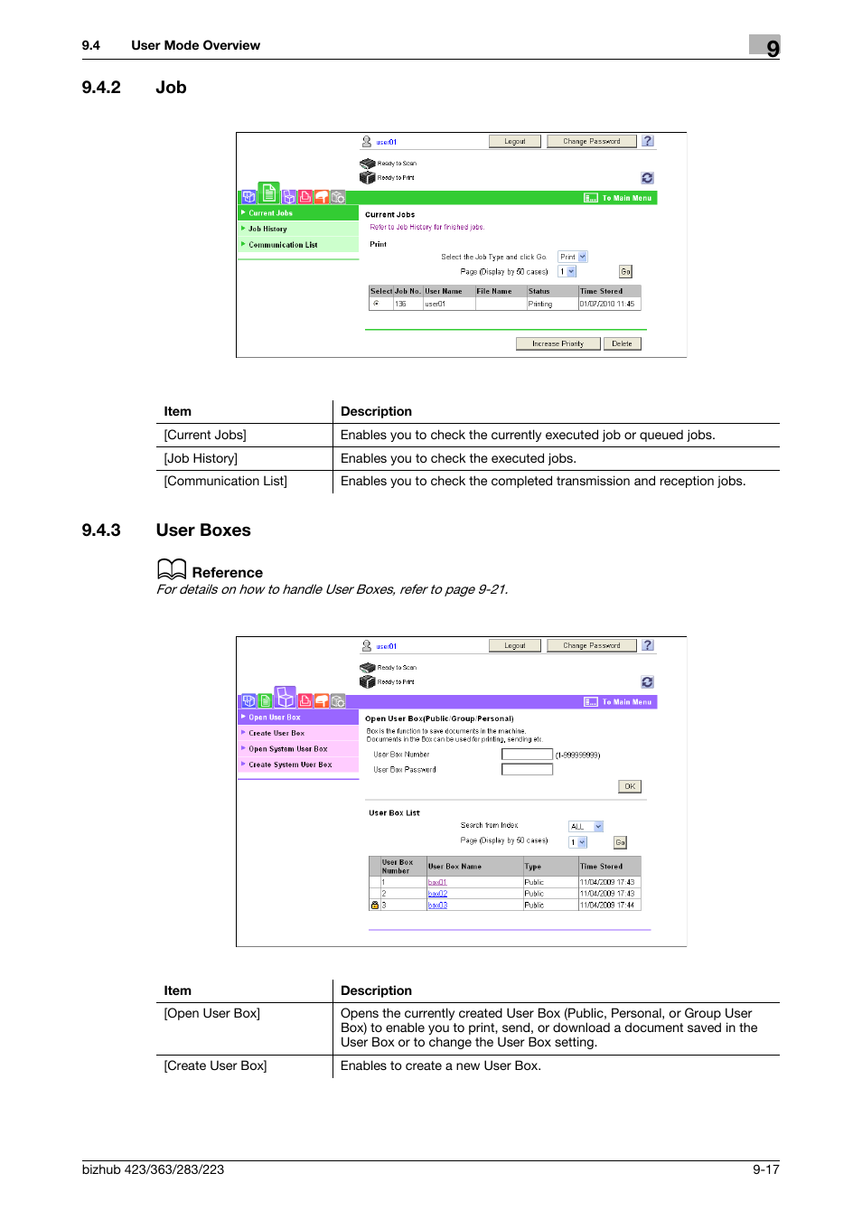 2 job, 3 user boxes, Job -17 | User boxes -17 | Konica Minolta BIZHUB 223 User Manual | Page 262 / 302