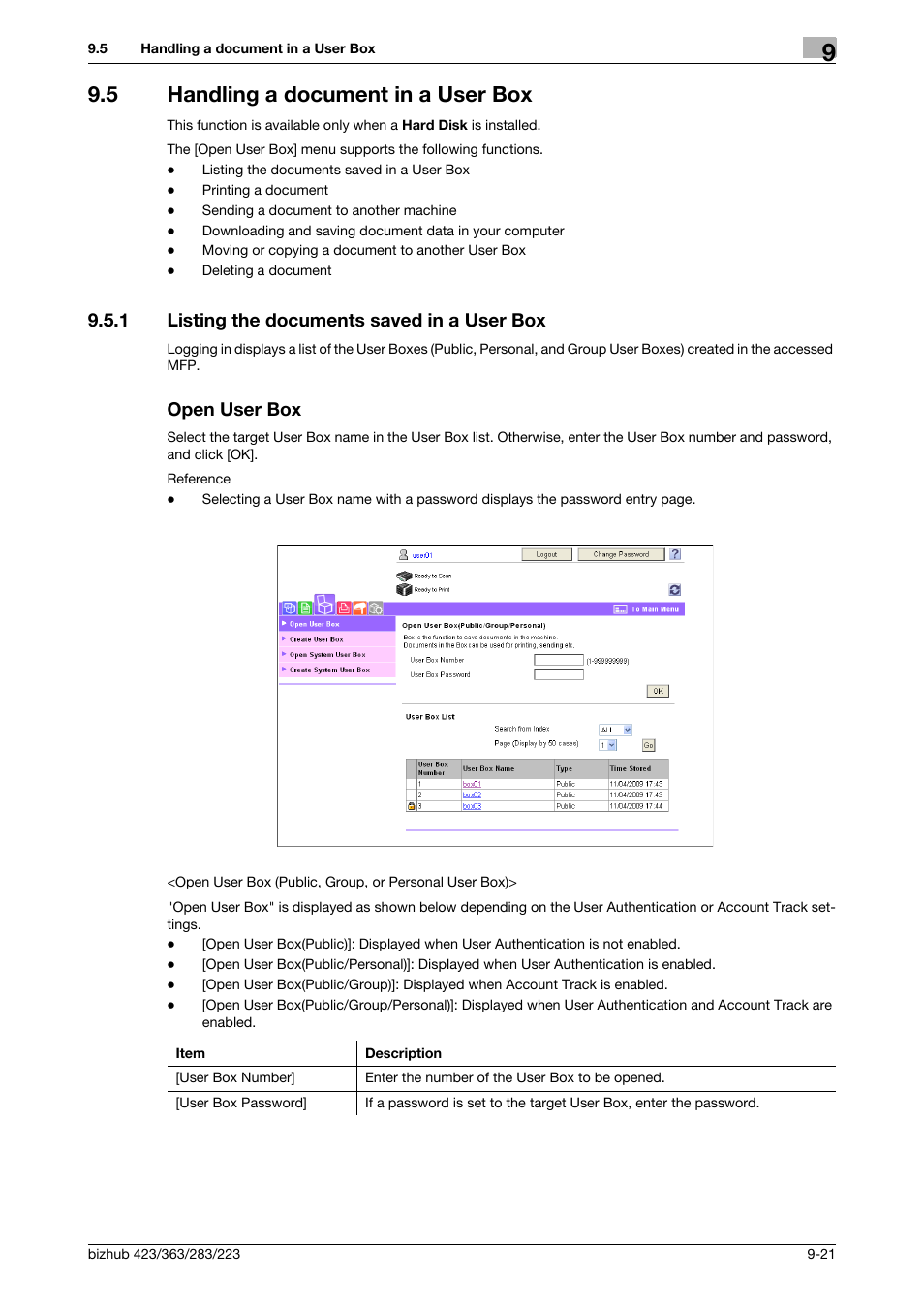 5 handling a document in a user box, 1 listing the documents saved in a user box, Open user box | Handling a document in a user box -21 | Konica Minolta BIZHUB 223 User Manual | Page 266 / 302