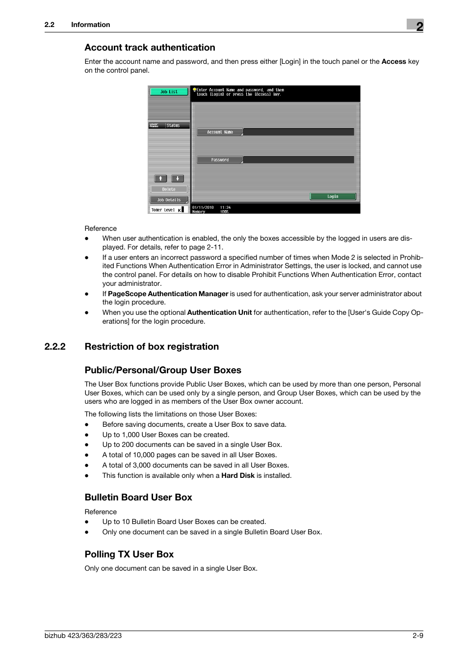 Account track authentication, 2 restriction of box registration, Public/personal/group user boxes | Bulletin board user box, Polling tx user box, Account track authentication -9 | Konica Minolta BIZHUB 223 User Manual | Page 27 / 302