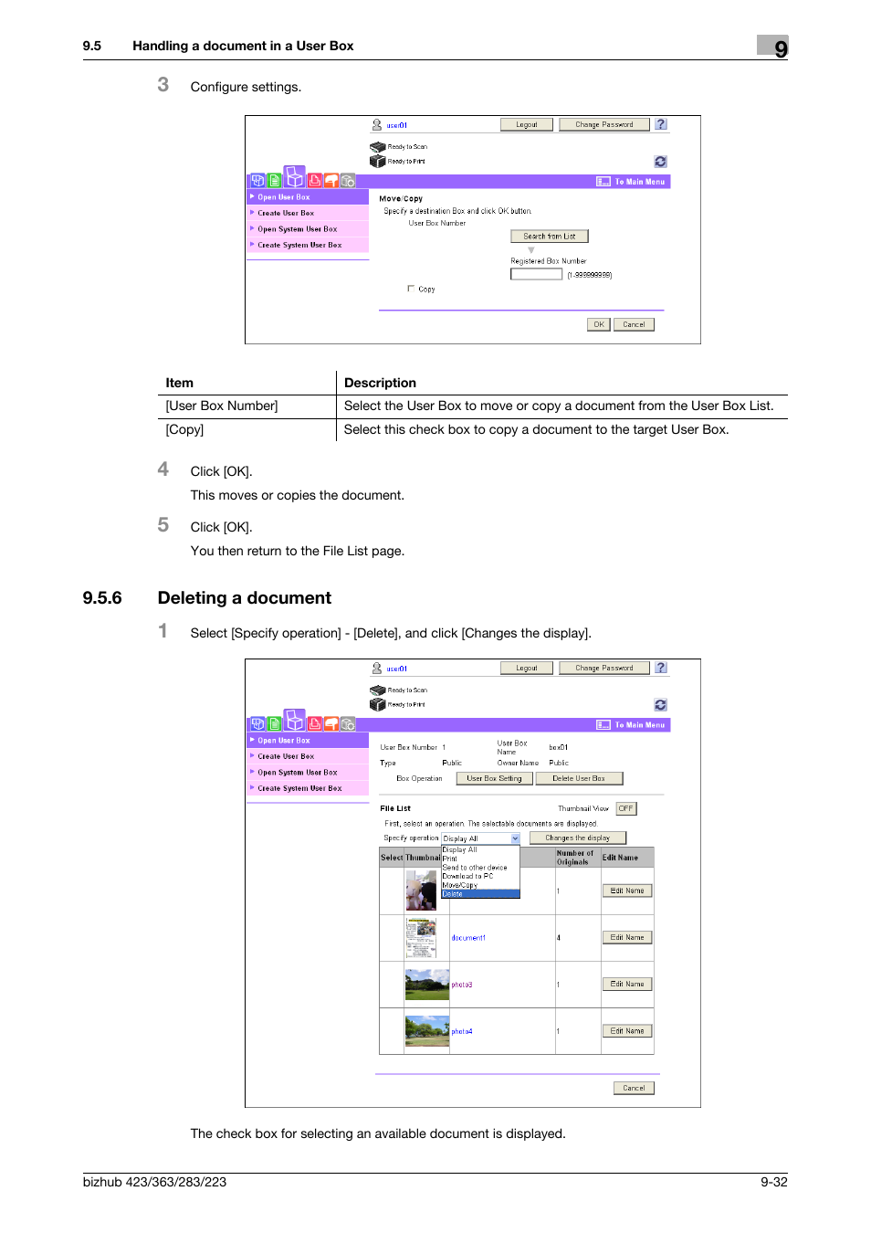 6 deleting a document, Deleting a document -32 | Konica Minolta BIZHUB 223 User Manual | Page 277 / 302