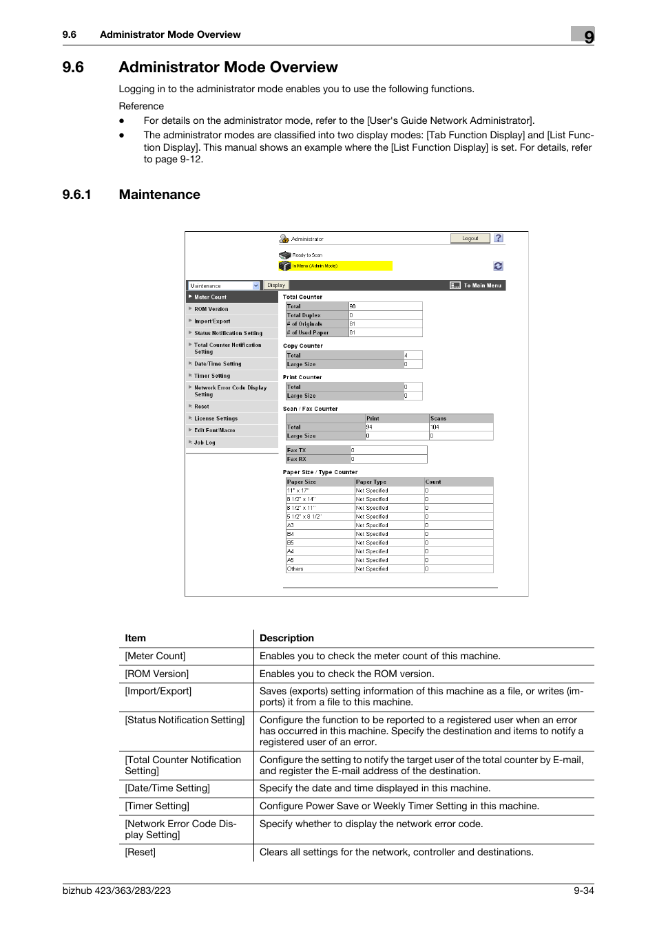 6 administrator mode overview, 1 maintenance, Administrator mode overview -34 | Maintenance -34 | Konica Minolta BIZHUB 223 User Manual | Page 279 / 302