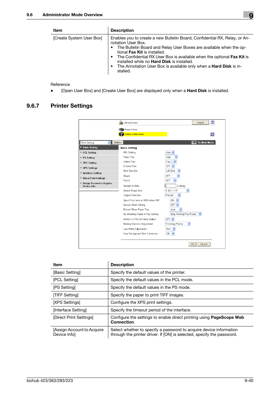 7 printer settings, Printer settings -40 | Konica Minolta BIZHUB 223 User Manual | Page 285 / 302