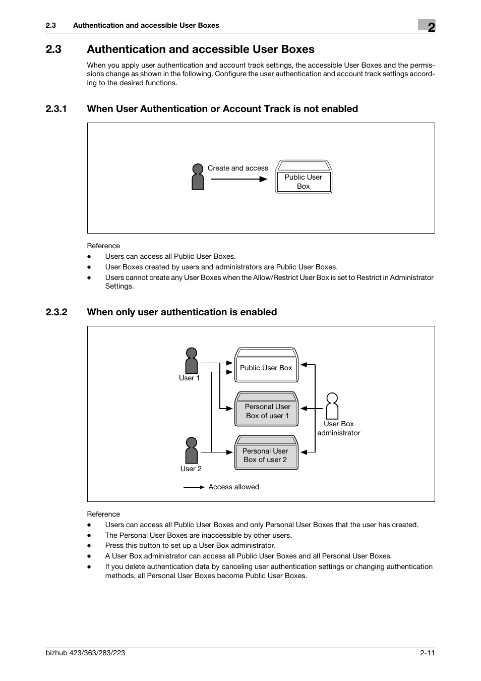 3 authentication and accessible user boxes, 2 when only user authentication is enabled, Authentication and accessible user boxes -11 | When only user authentication is enabled -11 | Konica Minolta BIZHUB 223 User Manual | Page 29 / 302