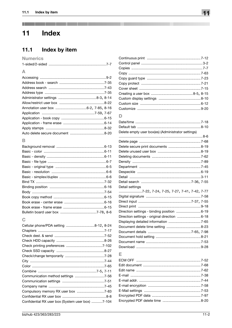 11 index, 1 index by item, Index | Index by item -2 | Konica Minolta BIZHUB 223 User Manual | Page 296 / 302