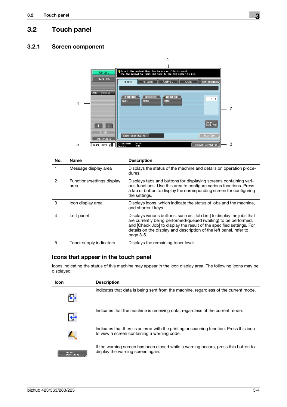 2 touch panel, 1 screen component, Icons that appear in the touch panel | Touch panel -4 | Konica Minolta BIZHUB 223 User Manual | Page 36 / 302