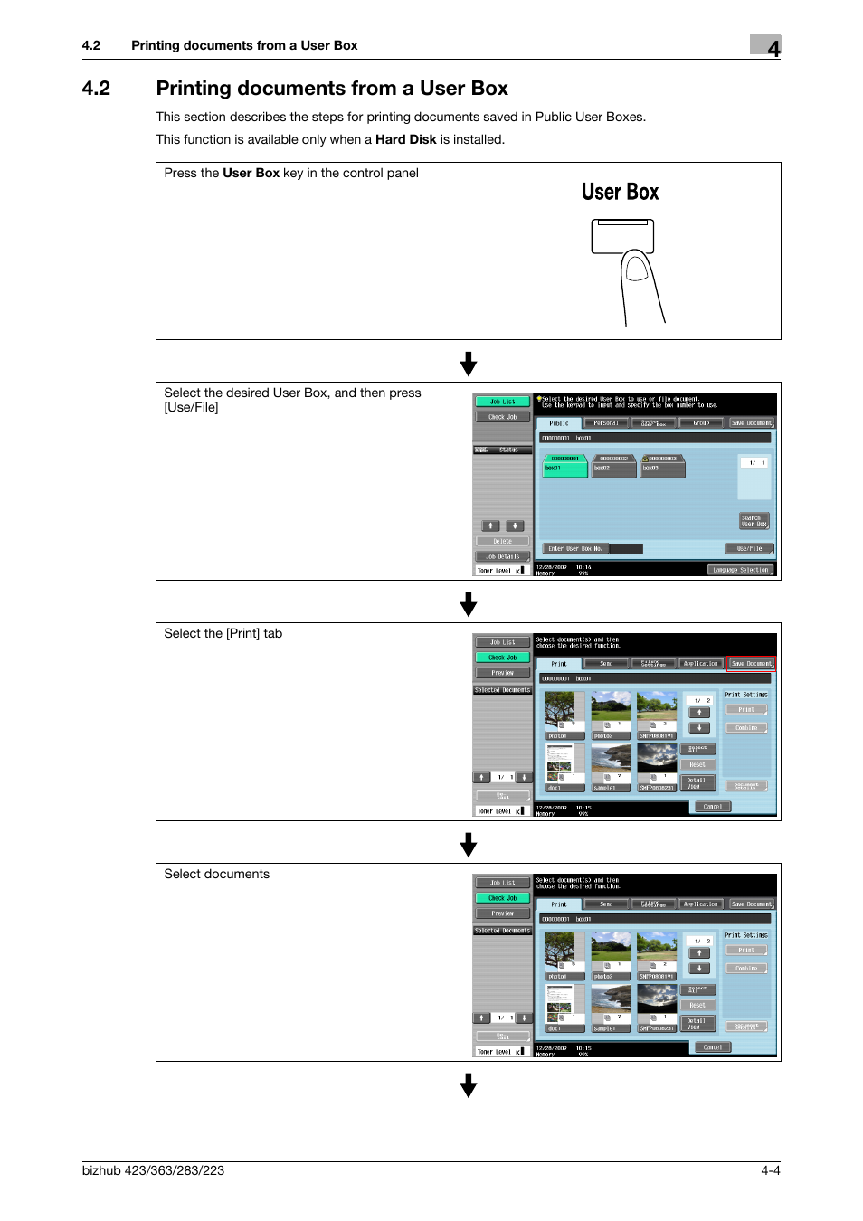 2 printing documents from a user box, Printing documents from a user box -4 | Konica Minolta BIZHUB 223 User Manual | Page 54 / 302