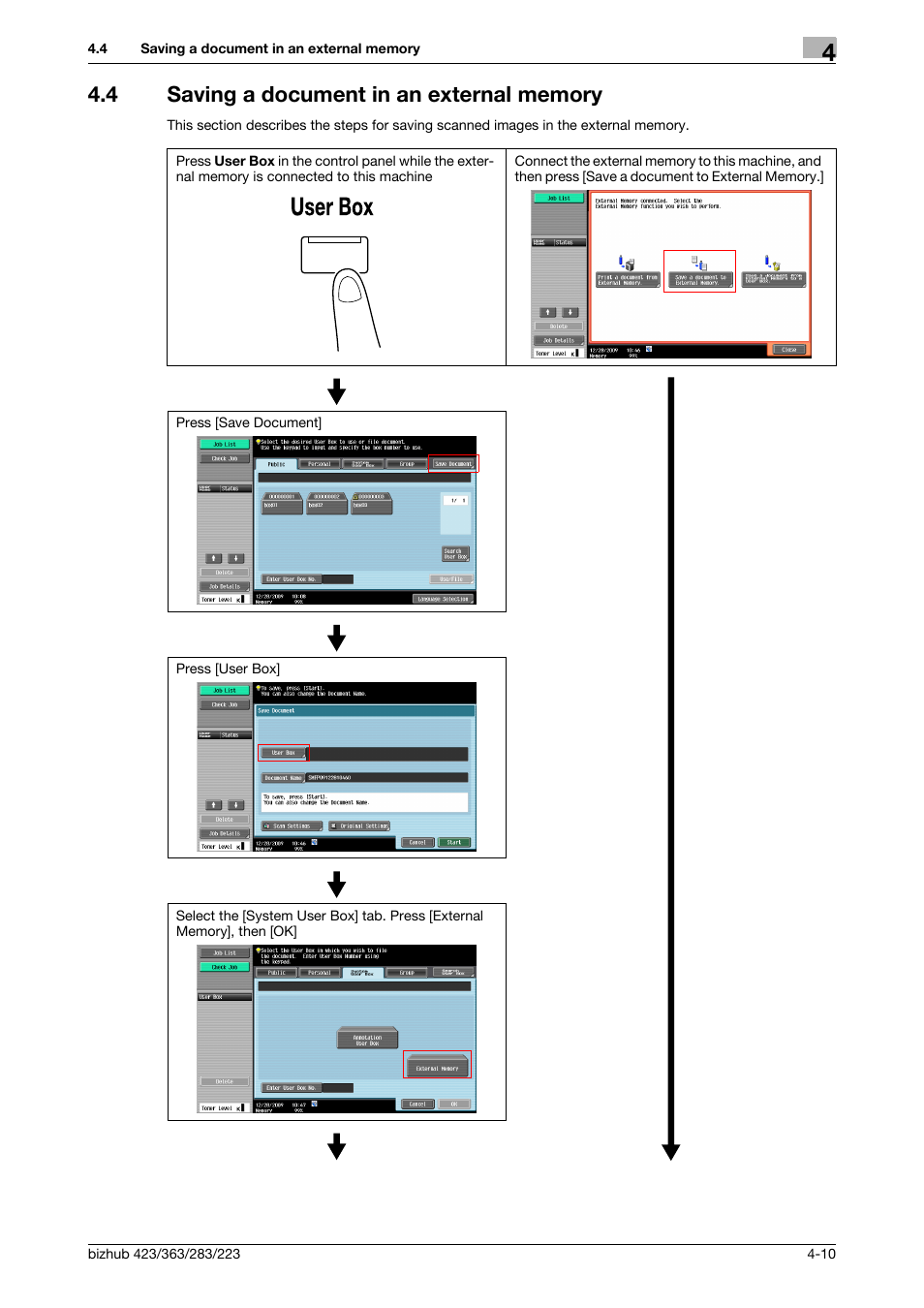 4 saving a document in an external memory, Saving a document in an external memory -10 | Konica Minolta BIZHUB 223 User Manual | Page 60 / 302