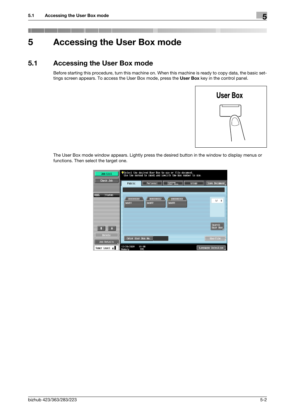 5 accessing the user box mode, 1 accessing the user box mode, Accessing the user box mode | Accessing the user box mode -2, 5accessing the user box mode | Konica Minolta BIZHUB 223 User Manual | Page 88 / 302