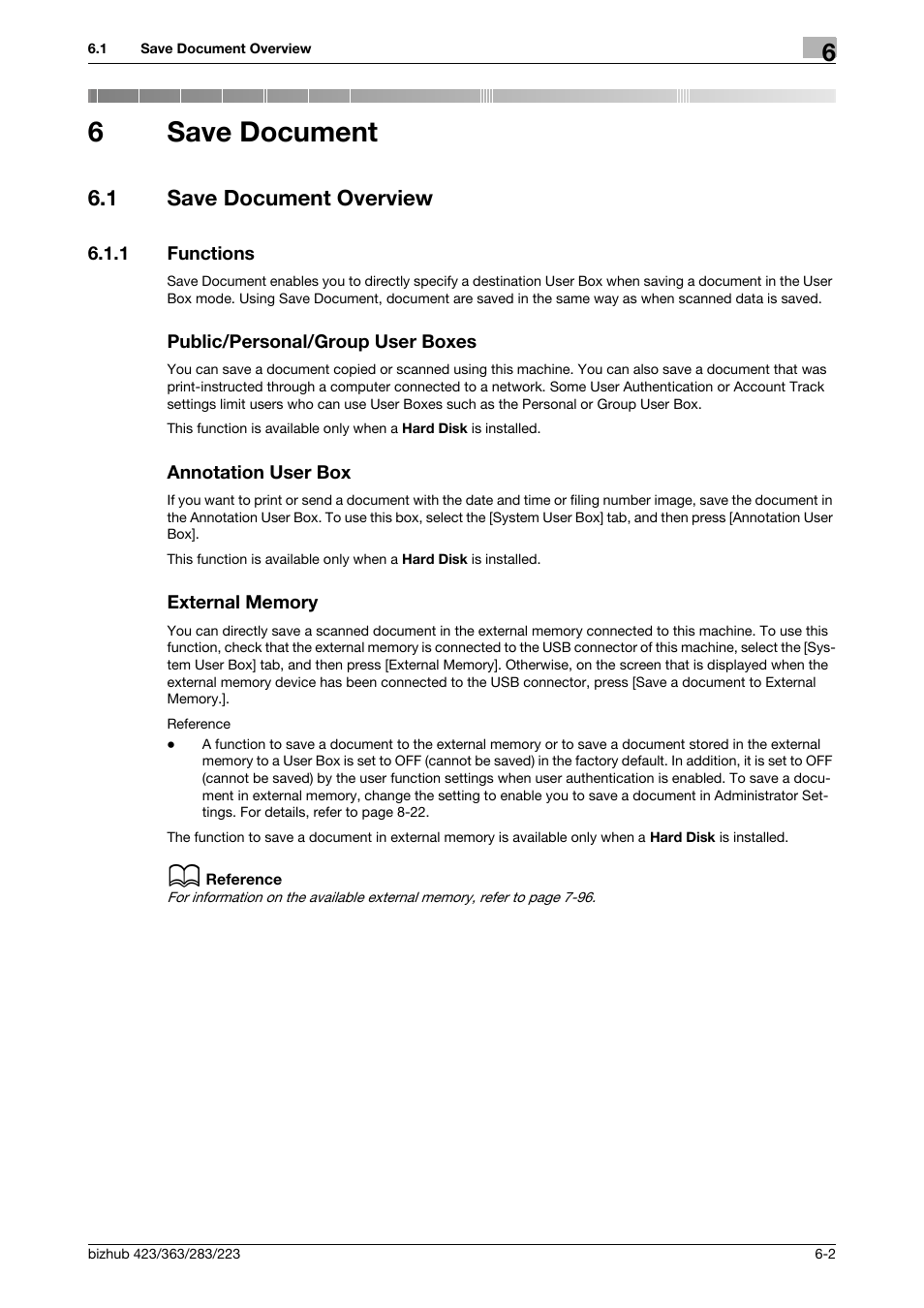 6 save document, 1 save document overview, 1 functions | Public/personal/group user boxes, Annotation user box, External memory, Save document, Save document overview -2, P. 6-2, 6save document | Konica Minolta BIZHUB 223 User Manual | Page 91 / 302