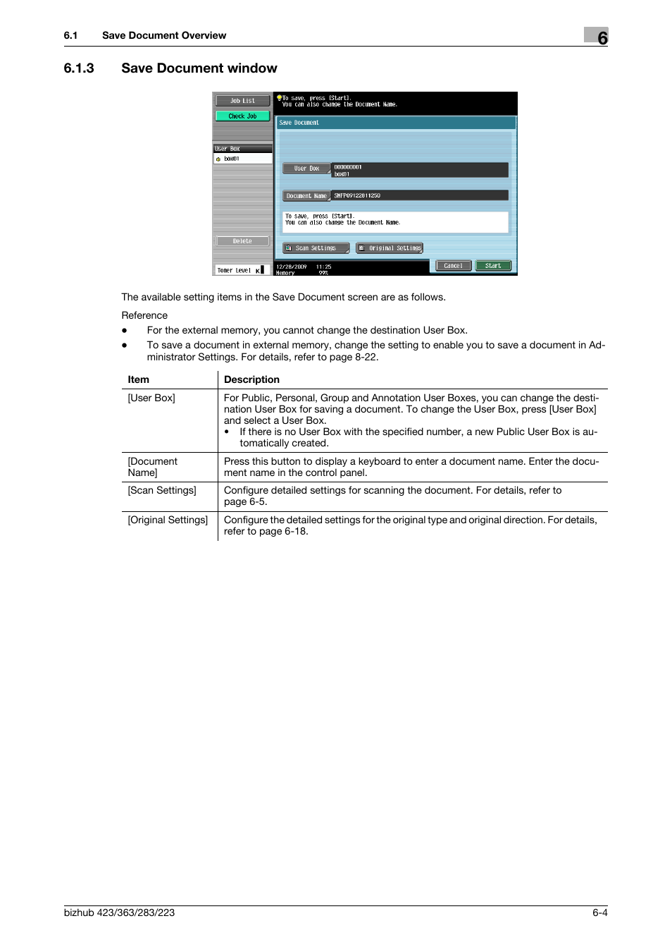 3 save document window, Save document window -4, P. 6-4), sc | P. 6-4) | Konica Minolta BIZHUB 223 User Manual | Page 93 / 302