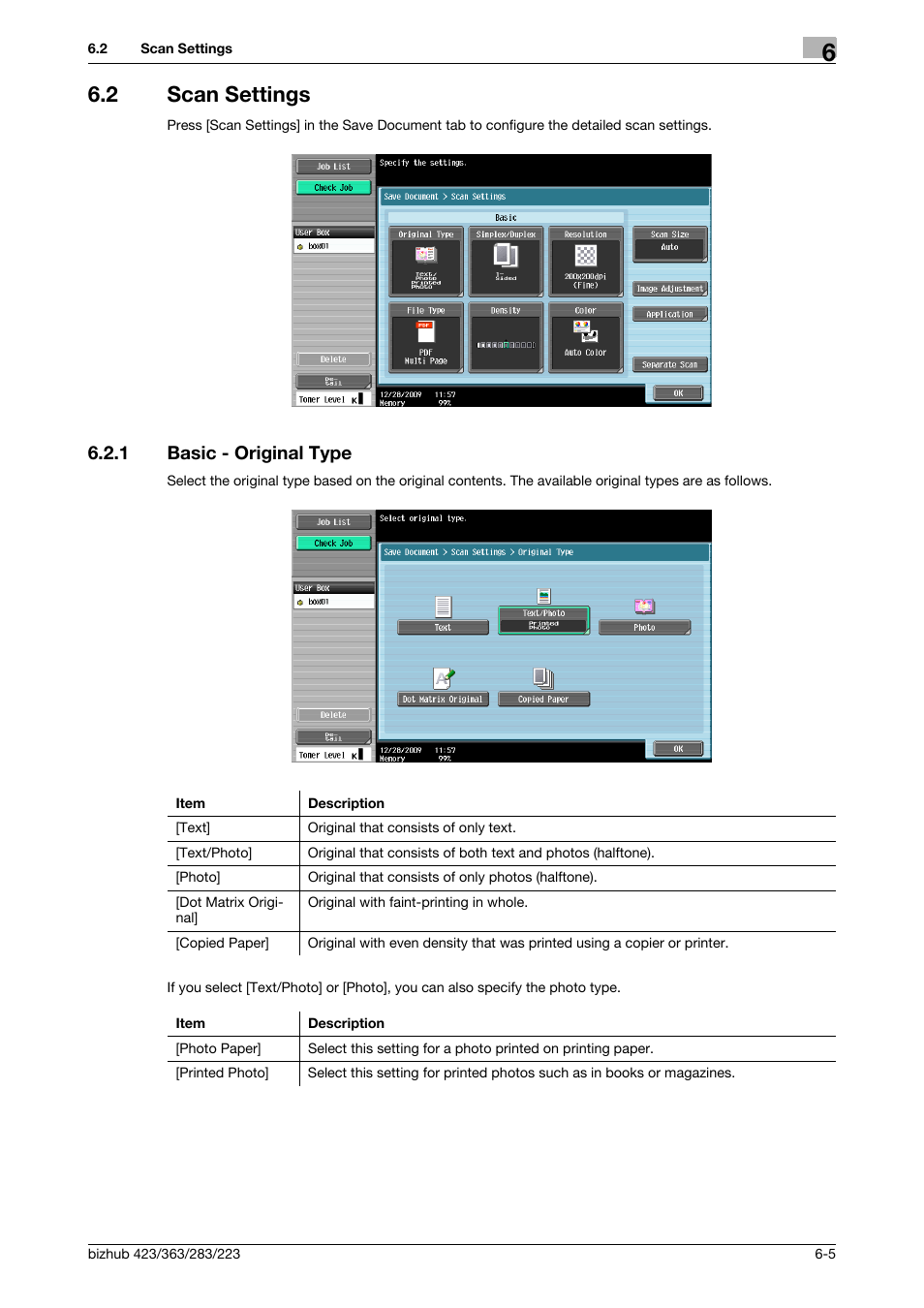 2 scan settings, 1 basic - original type, Scan settings -5 | Basic - original type -5, P. 6-5) and original settings, Type] (p. 6-5), P. 6-5) | Konica Minolta BIZHUB 223 User Manual | Page 94 / 302