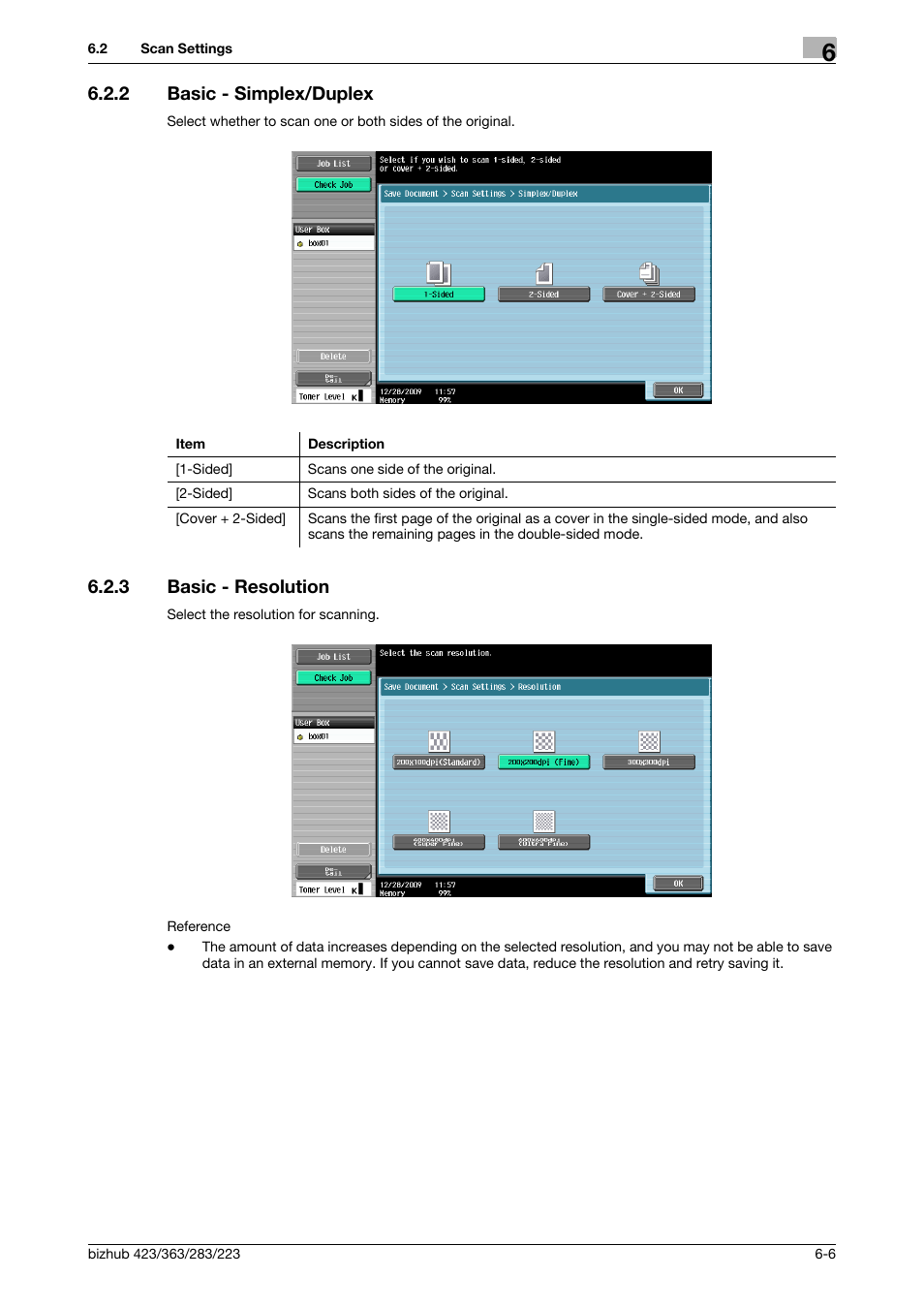 2 basic - simplex/duplex, 3 basic - resolution, Basic - simplex/duplex -6 | Basic - resolution -6, P. 6-6, P. 6-6), Simplex/duplex] (p. 6-6), Ion] (p. 6-6) | Konica Minolta BIZHUB 223 User Manual | Page 95 / 302