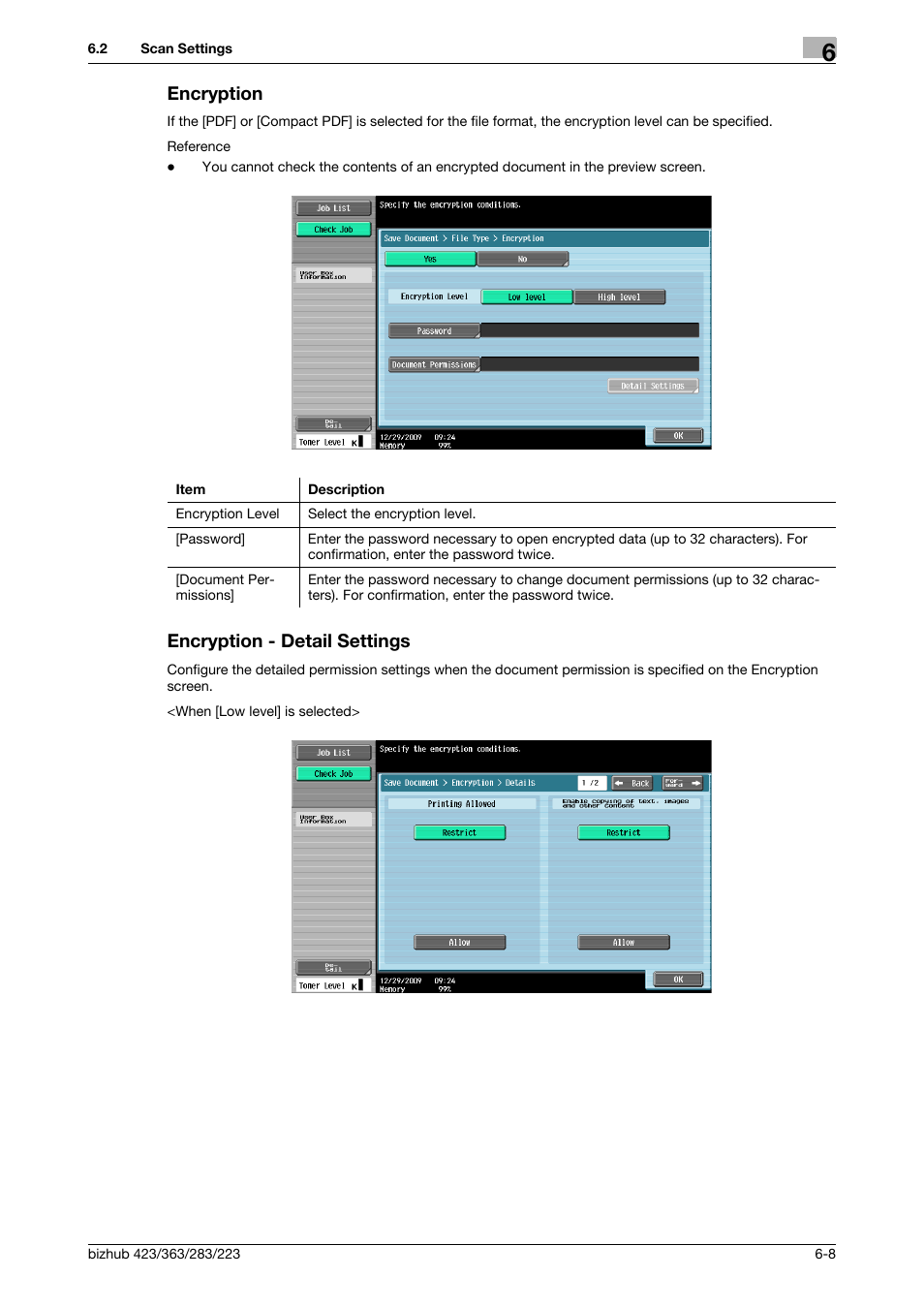 Encryption, Encryption - detail settings, Encryption -8 encryption - detail settings -8 | Encryption] (p. 6-8), P. 6-8) | Konica Minolta BIZHUB 223 User Manual | Page 97 / 302