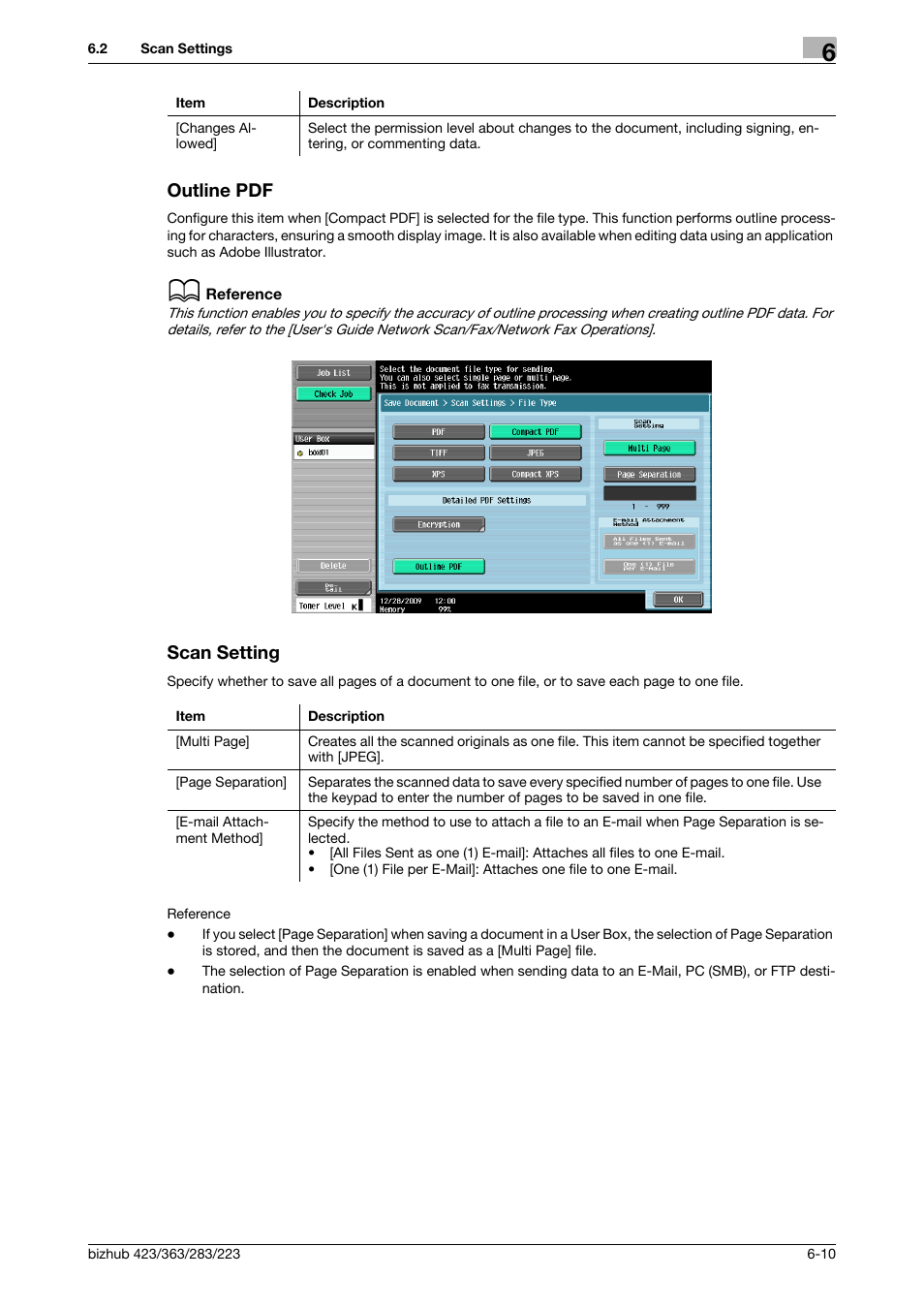 Outline pdf, Scan setting, Outline pdf -10 scan setting -10 | F] (p. 6-10), Scan setting] (p. 6-10), P. 6-10 | Konica Minolta BIZHUB 223 User Manual | Page 99 / 302