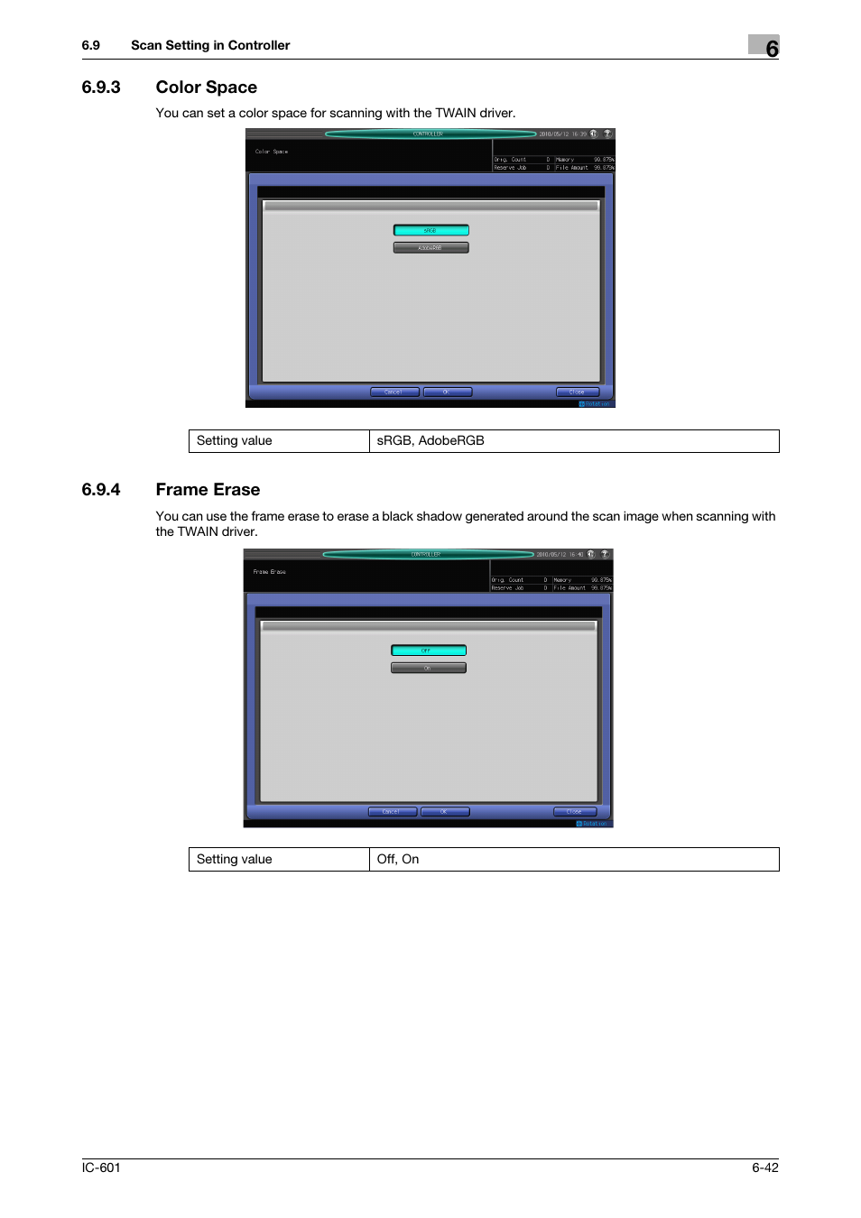 3 color space, 4 frame erase, Color space -42 | Frame erase -42, P. 6-42 | Konica Minolta IC-601 User Manual | Page 105 / 123
