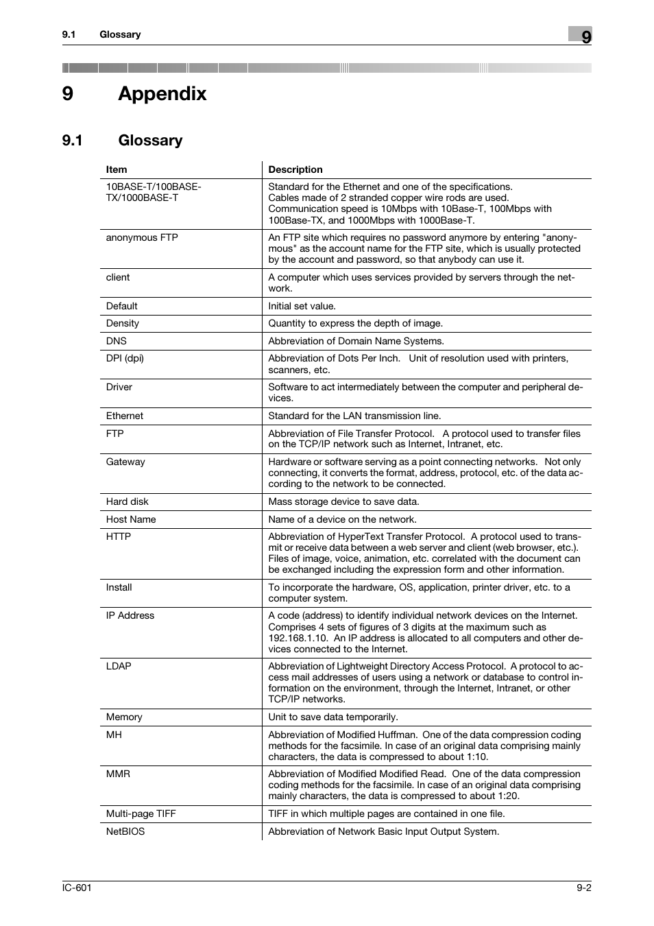 9 appendix, 1 glossary, Appendix | Glossary -2, 9appendix | Konica Minolta IC-601 User Manual | Page 120 / 123