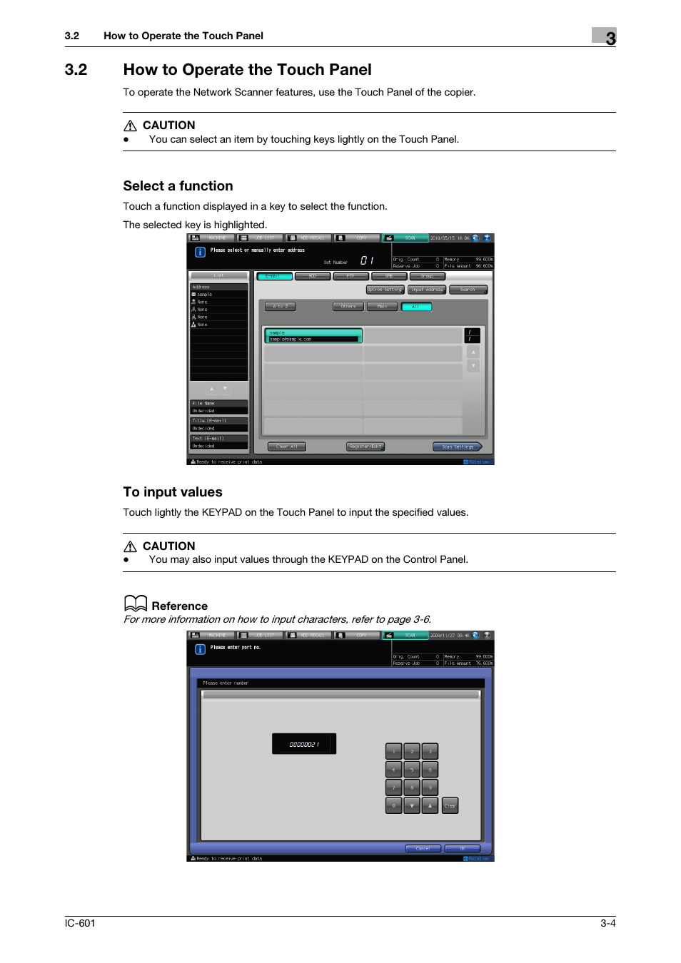 2 how to operate the touch panel, Select a function, To input values | How to operate the touch panel -4 | Konica Minolta IC-601 User Manual | Page 21 / 123