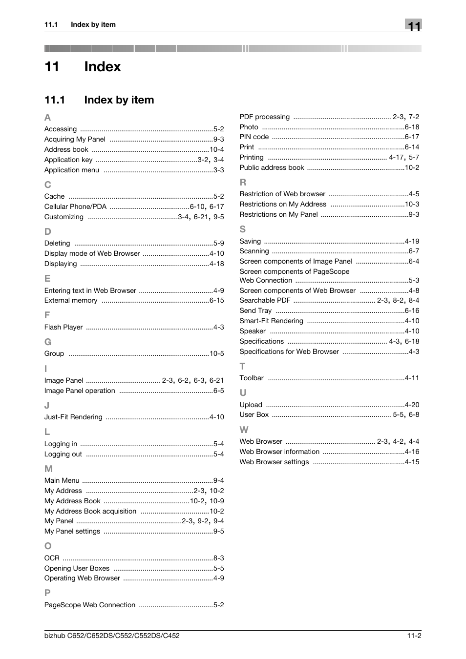 11 index, 1 index by item, A to w | Index, Index by item -2 | Konica Minolta BIZHUB C652DS User Manual | Page 108 / 110