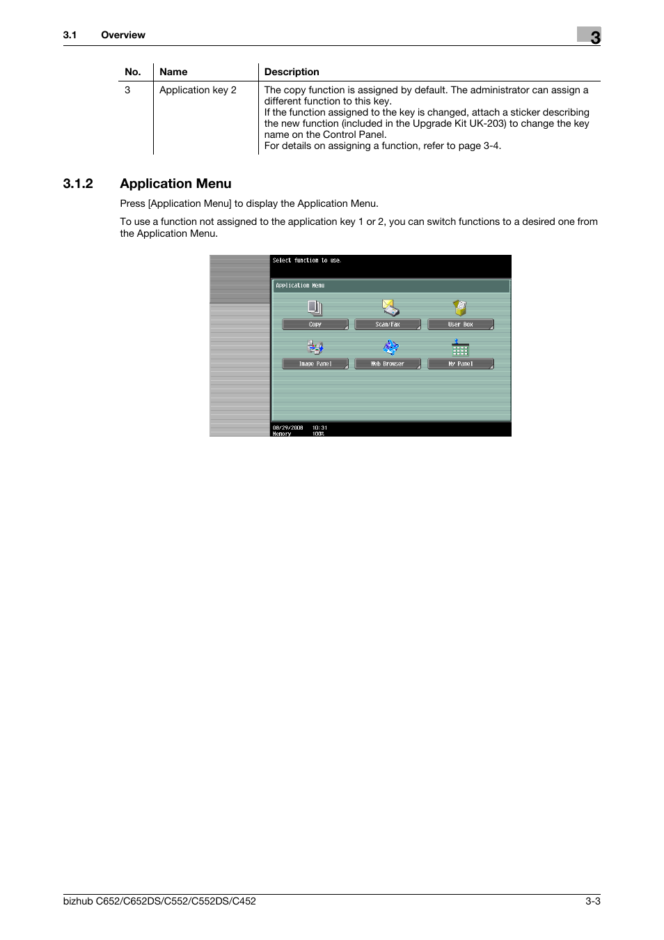 2 application menu, Application menu -3 | Konica Minolta BIZHUB C652DS User Manual | Page 16 / 110