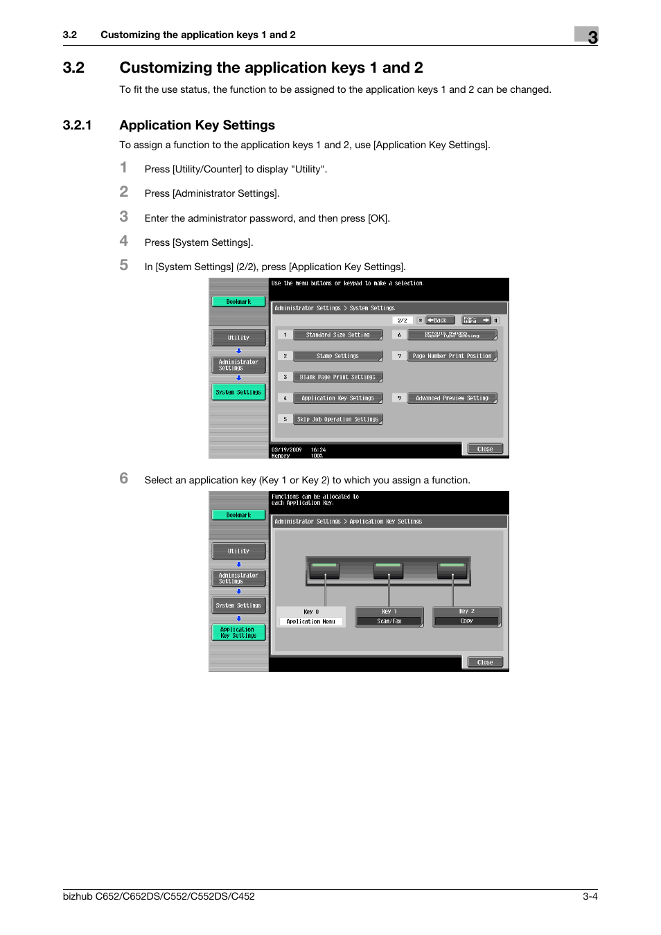 2 customizing the application keys 1 and 2, 1 application key settings, Customizing the application keys 1 and 2 -4 | Application key settings -4 | Konica Minolta BIZHUB C652DS User Manual | Page 17 / 110