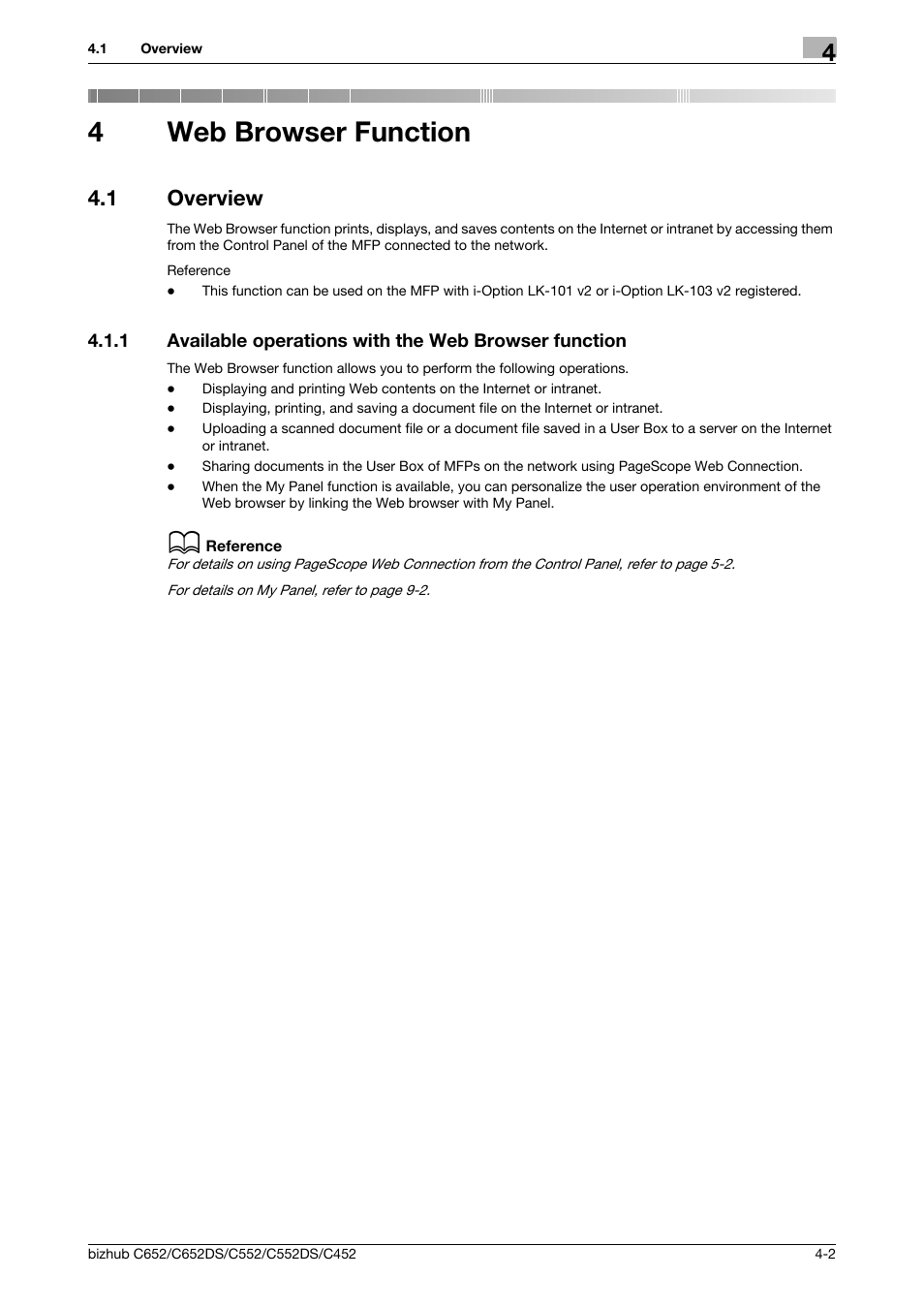 4 web browser function, 1 overview, Web browser function | Overview -2, P. 4-2, 4web browser function | Konica Minolta BIZHUB C652DS User Manual | Page 20 / 110