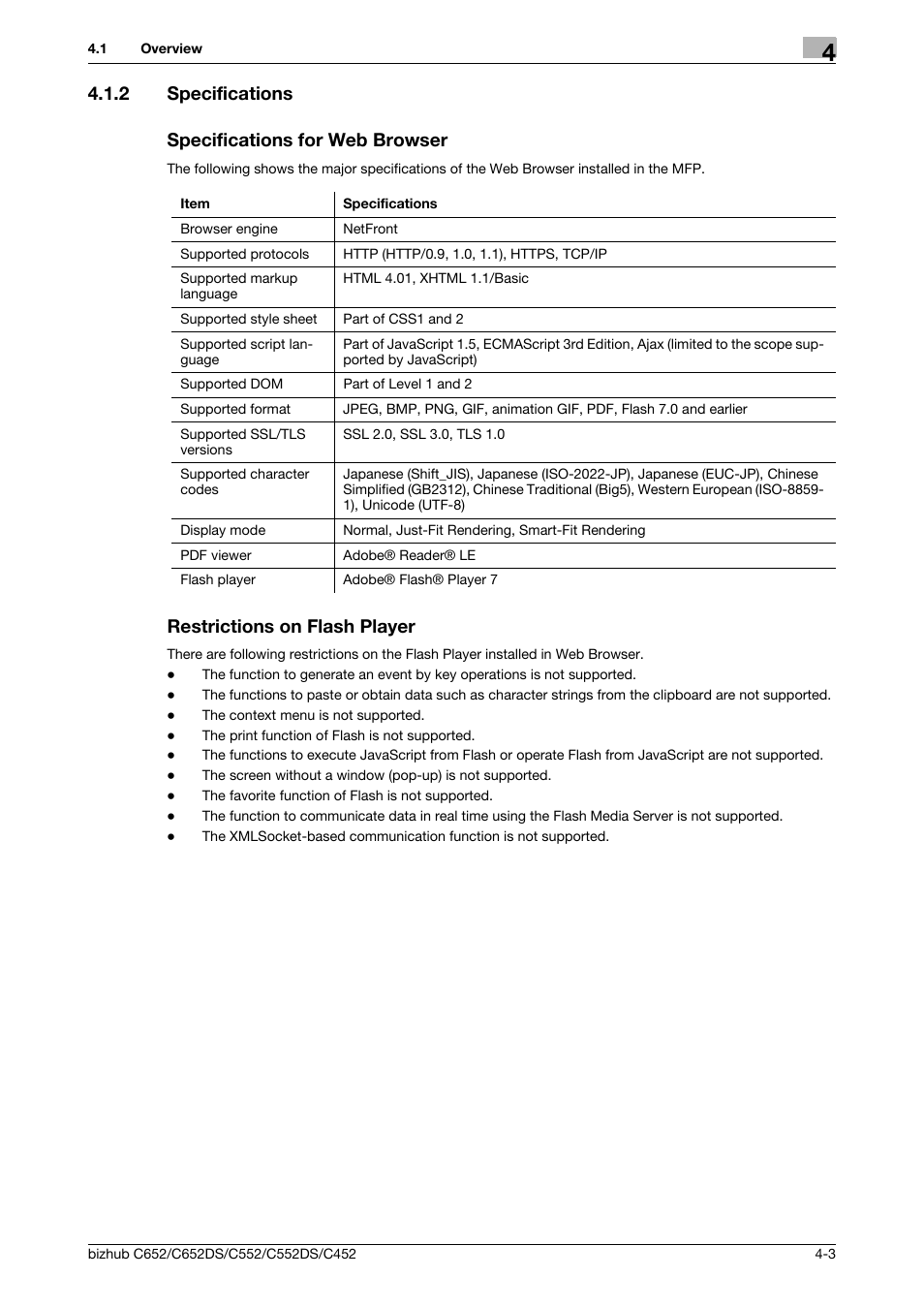 2 specifications, Specifications for web browser, Restrictions on flash player | 2 specifications specifications for web browser | Konica Minolta BIZHUB C652DS User Manual | Page 21 / 110