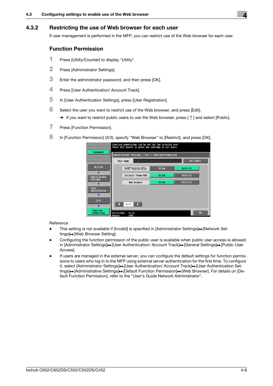 2 restricting the use of web browser for each user, Function permission | Konica Minolta BIZHUB C652DS User Manual | Page 24 / 110