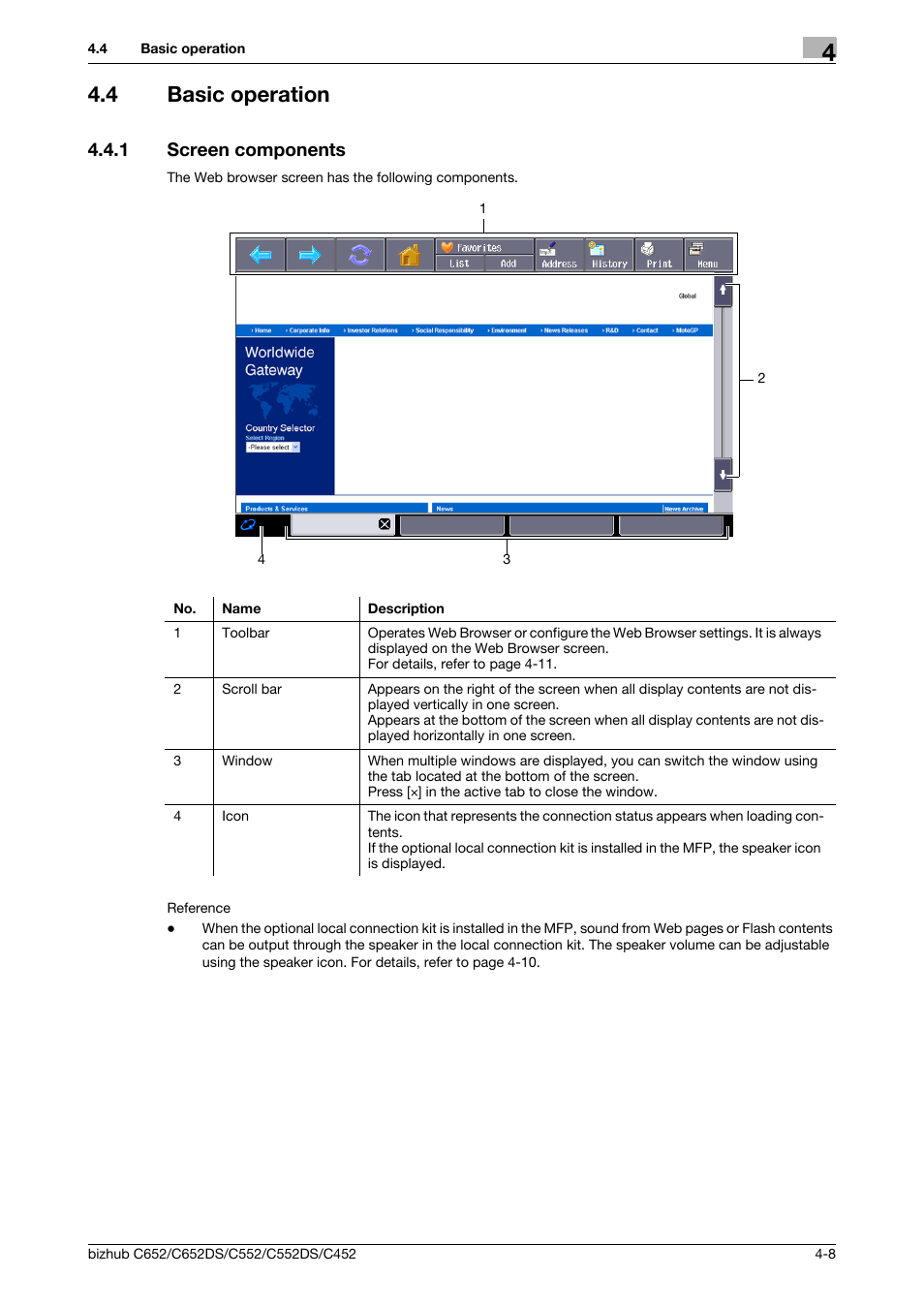 4 basic operation, 1 screen components, Basic operation -8 | Screen components -8 | Konica Minolta BIZHUB C652DS User Manual | Page 26 / 110