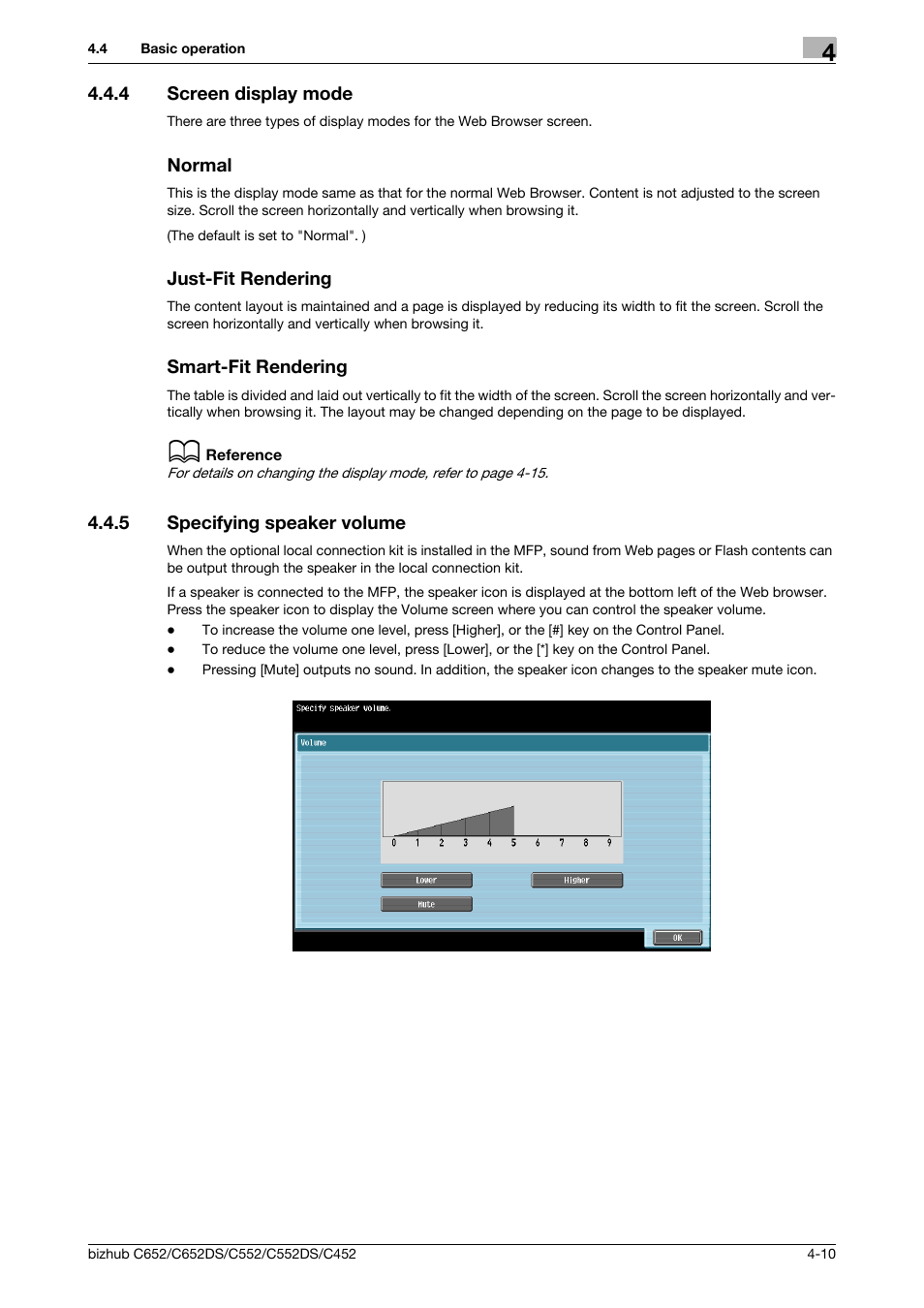 4 screen display mode, Normal, Just-fit rendering | Smart-fit rendering, 5 specifying speaker volume, Screen display mode -10 normal -10, Just-fit rendering -10 smart-fit rendering -10, Specifying speaker volume -10 | Konica Minolta BIZHUB C652DS User Manual | Page 28 / 110