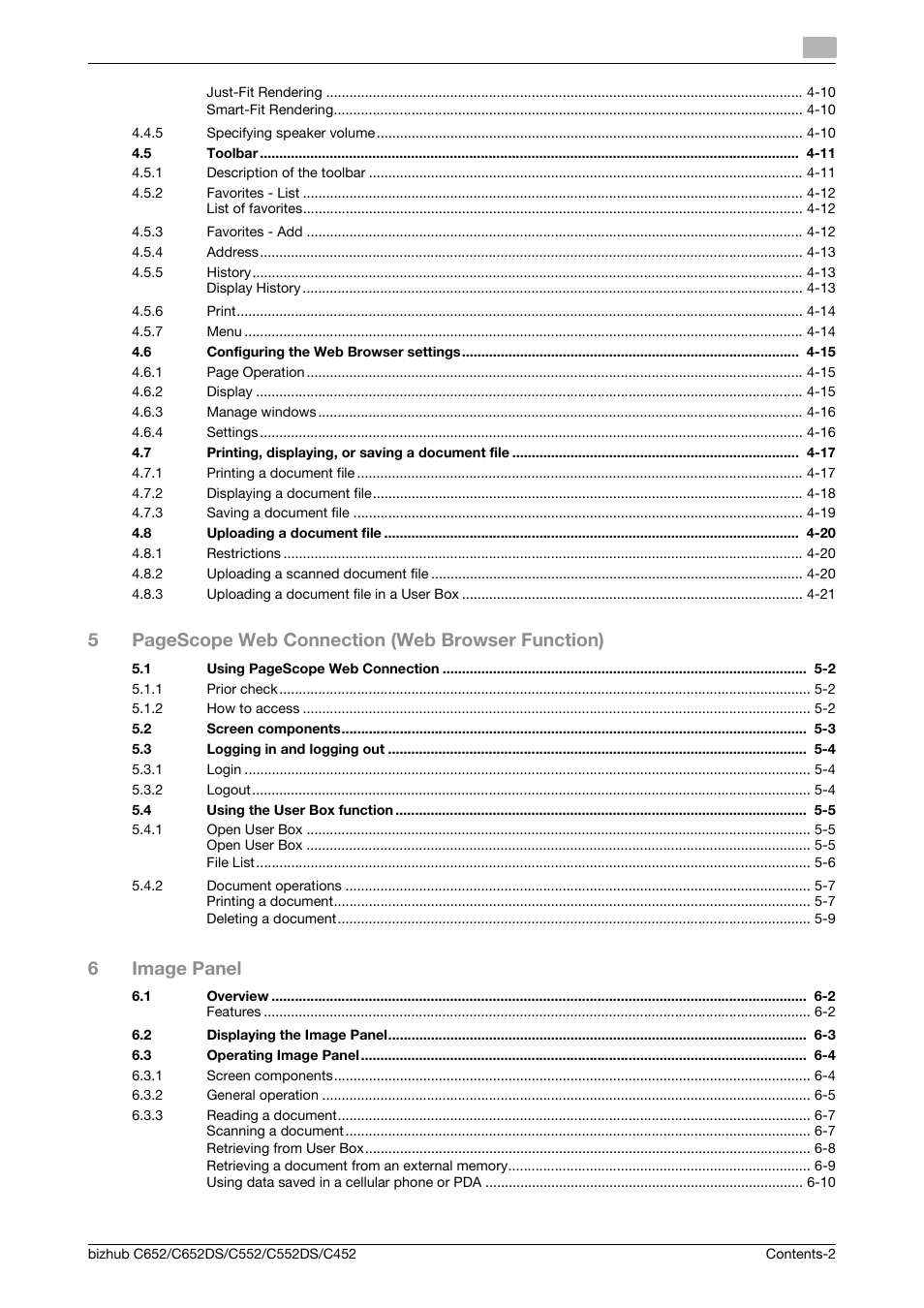 5pagescope web connection (web browser function), 6image panel | Konica Minolta BIZHUB C652DS User Manual | Page 3 / 110