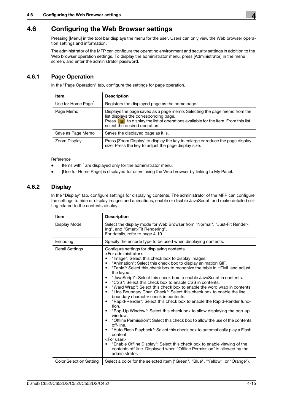 6 configuring the web browser settings, 2 display, Configuring the web browser settings -15 | Display -15, 1 page operation | Konica Minolta BIZHUB C652DS User Manual | Page 33 / 110