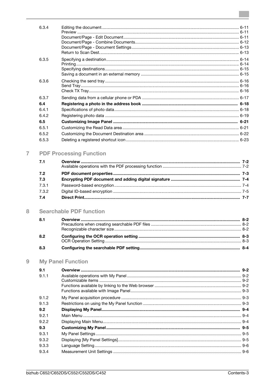 7pdf processing function, 8searchable pdf function, 9my panel function | Konica Minolta BIZHUB C652DS User Manual | Page 4 / 110
