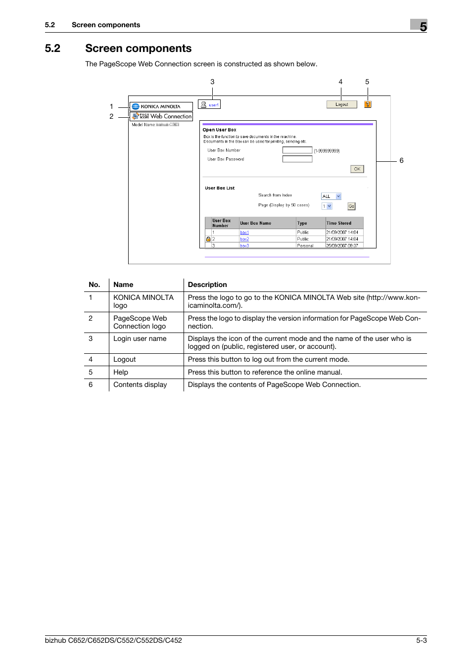 2 screen components, Screen components -3 | Konica Minolta BIZHUB C652DS User Manual | Page 43 / 110