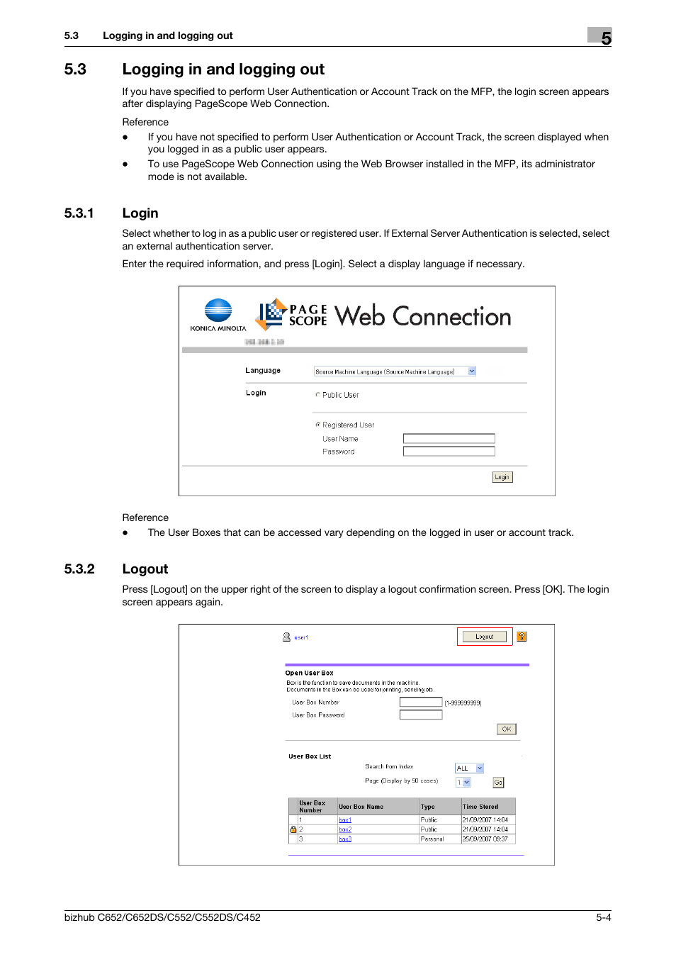 3 logging in and logging out, 1 login, 2 logout | Logging in and logging out -4, Login -4, Logout -4 | Konica Minolta BIZHUB C652DS User Manual | Page 44 / 110