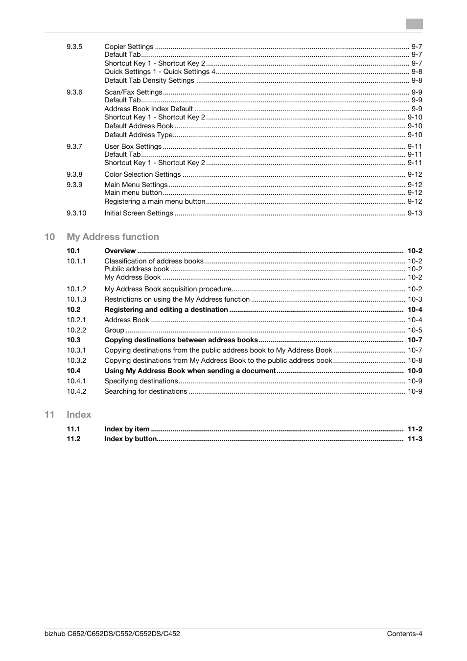 10 my address function, 11 index | Konica Minolta BIZHUB C652DS User Manual | Page 5 / 110