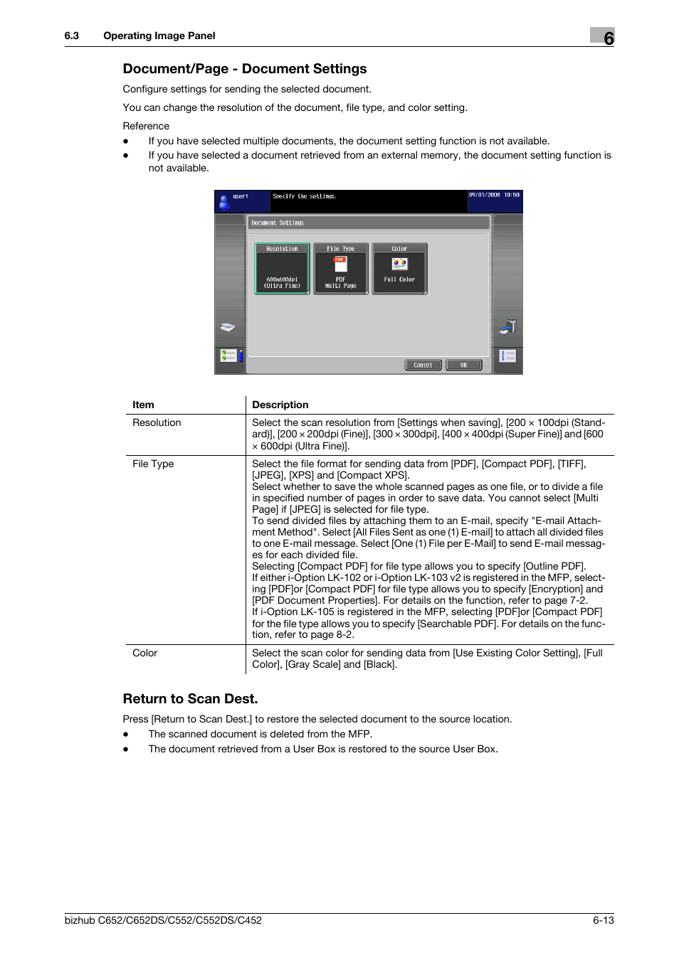 Return to scan dest, Document/page - document settings | Konica Minolta BIZHUB C652DS User Manual | Page 63 / 110