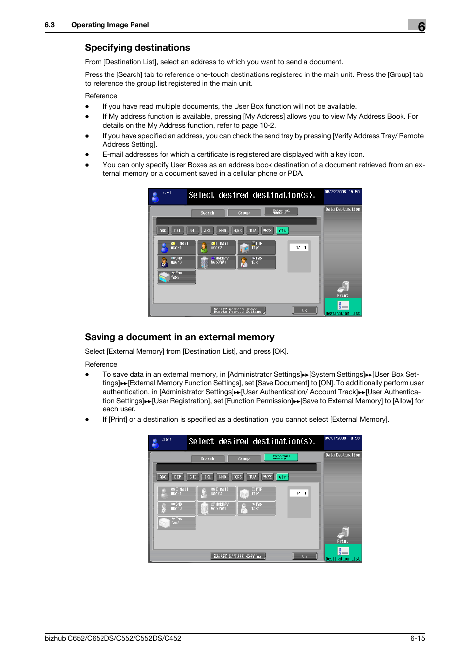 Specifying destinations, Saving a document in an external memory | Konica Minolta BIZHUB C652DS User Manual | Page 65 / 110