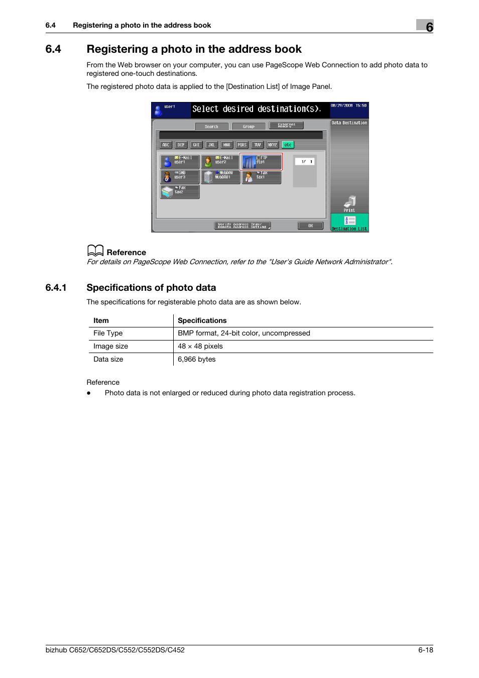 4 registering a photo in the address book, 1 specifications of photo data, Registering a photo in the address book -18 | Specifications of photo data -18 | Konica Minolta BIZHUB C652DS User Manual | Page 68 / 110