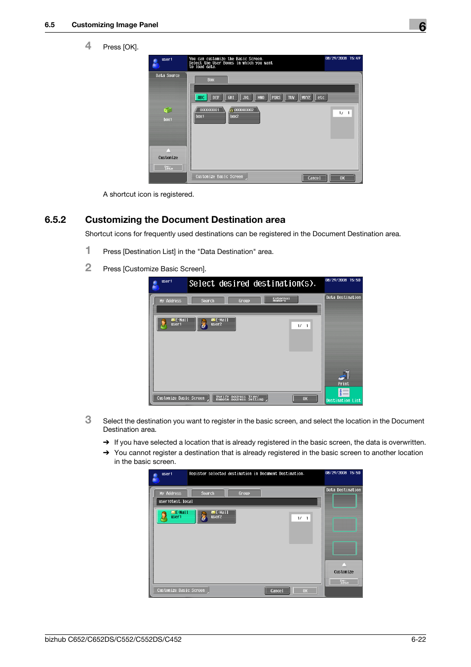 2 customizing the document destination area, Customizing the document destination area -22 | Konica Minolta BIZHUB C652DS User Manual | Page 72 / 110