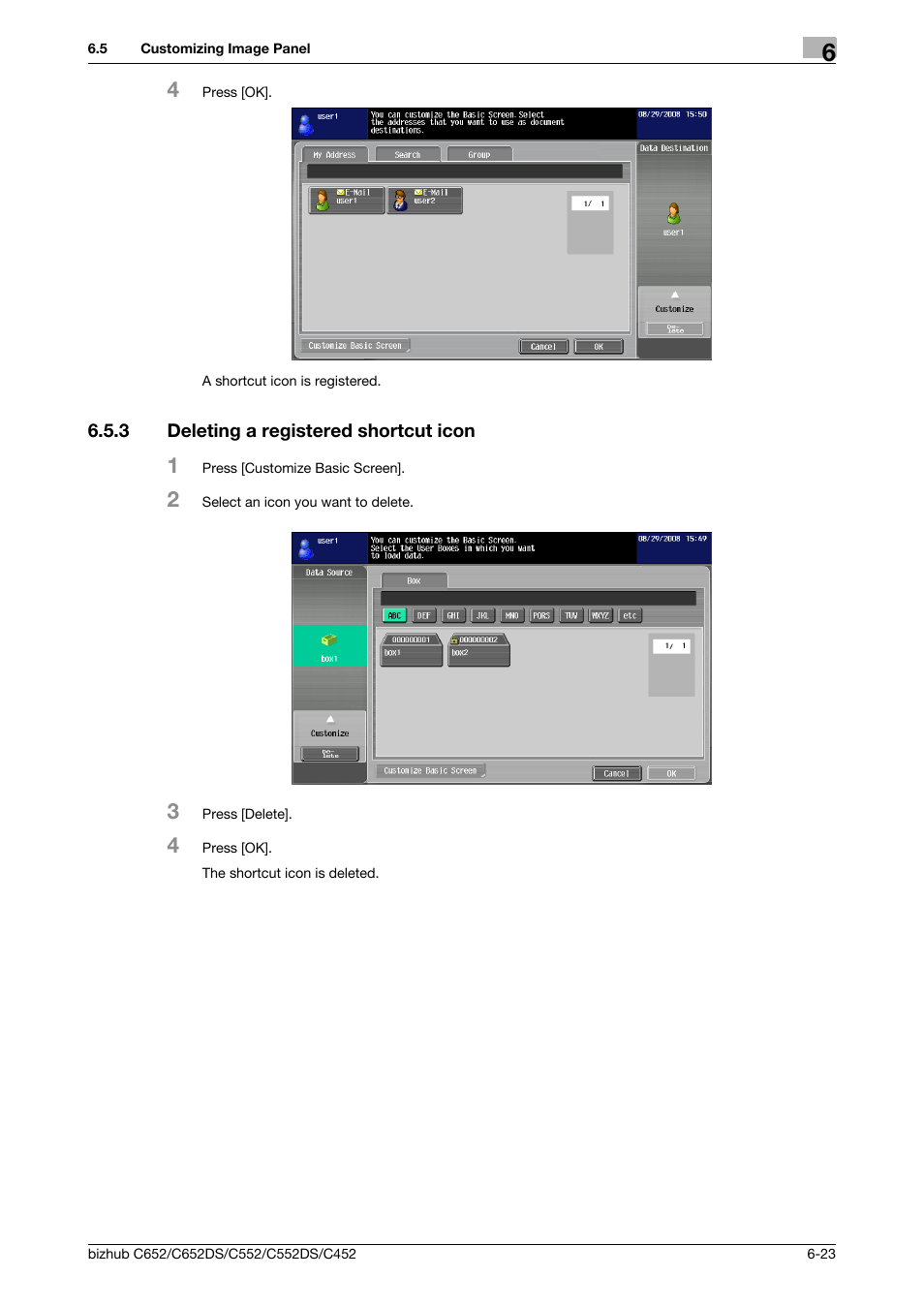 3 deleting a registered shortcut icon, Deleting a registered shortcut icon -23 | Konica Minolta BIZHUB C652DS User Manual | Page 73 / 110