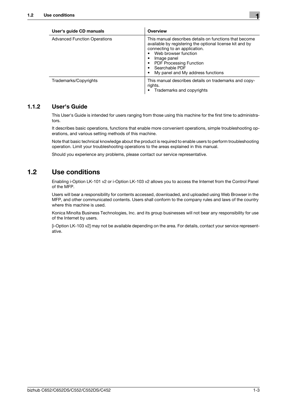2 user's guide, 2 use conditions, User's guide -3 | Use conditions -3 | Konica Minolta BIZHUB C652DS User Manual | Page 8 / 110
